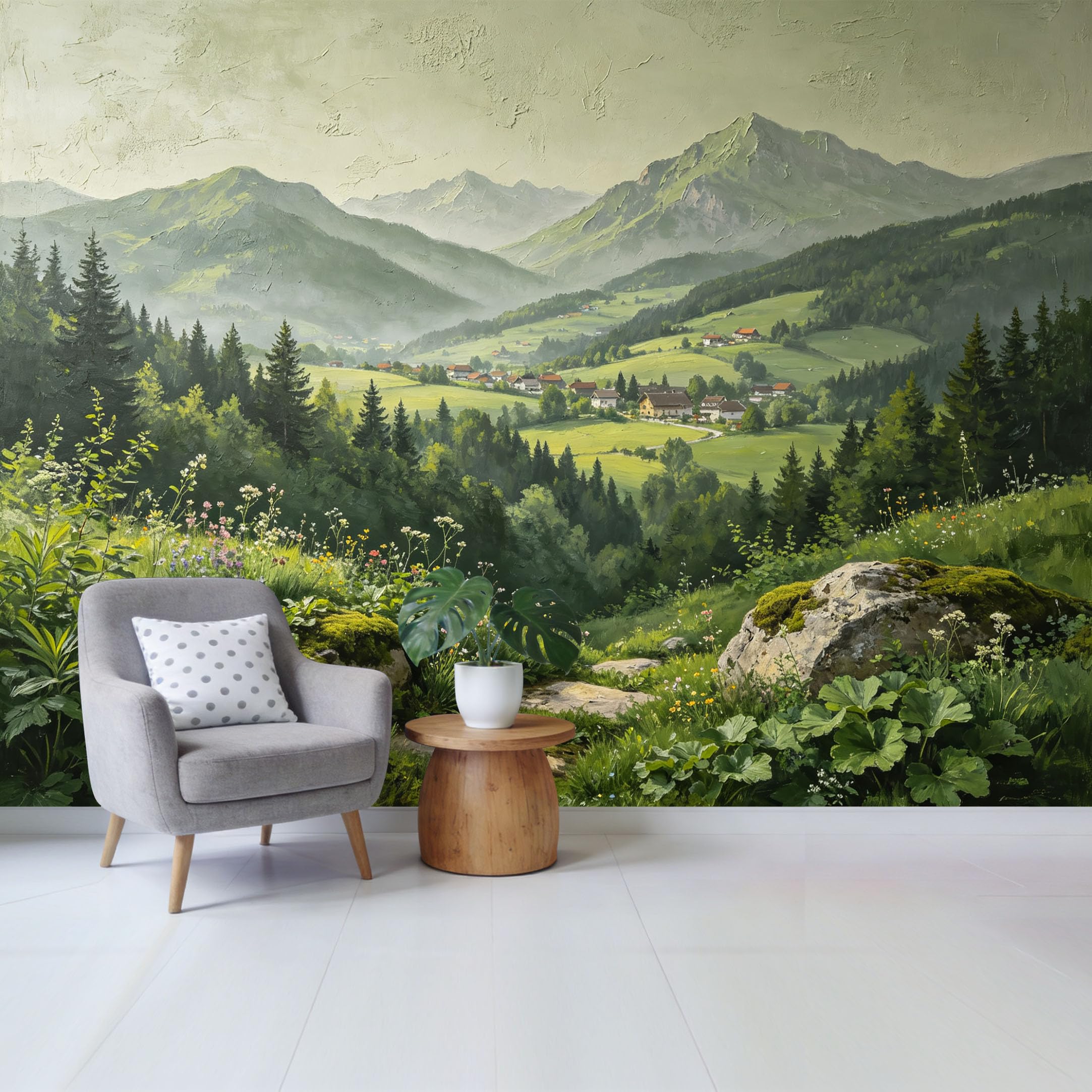 Qzlithotic Yq2605251059 Custom Size Wall Mural Alpine Mountain Valley Landscape Oil Painting Textured Selfadhesive Wall Fabric Removable Wallpaper For Home Office Decor