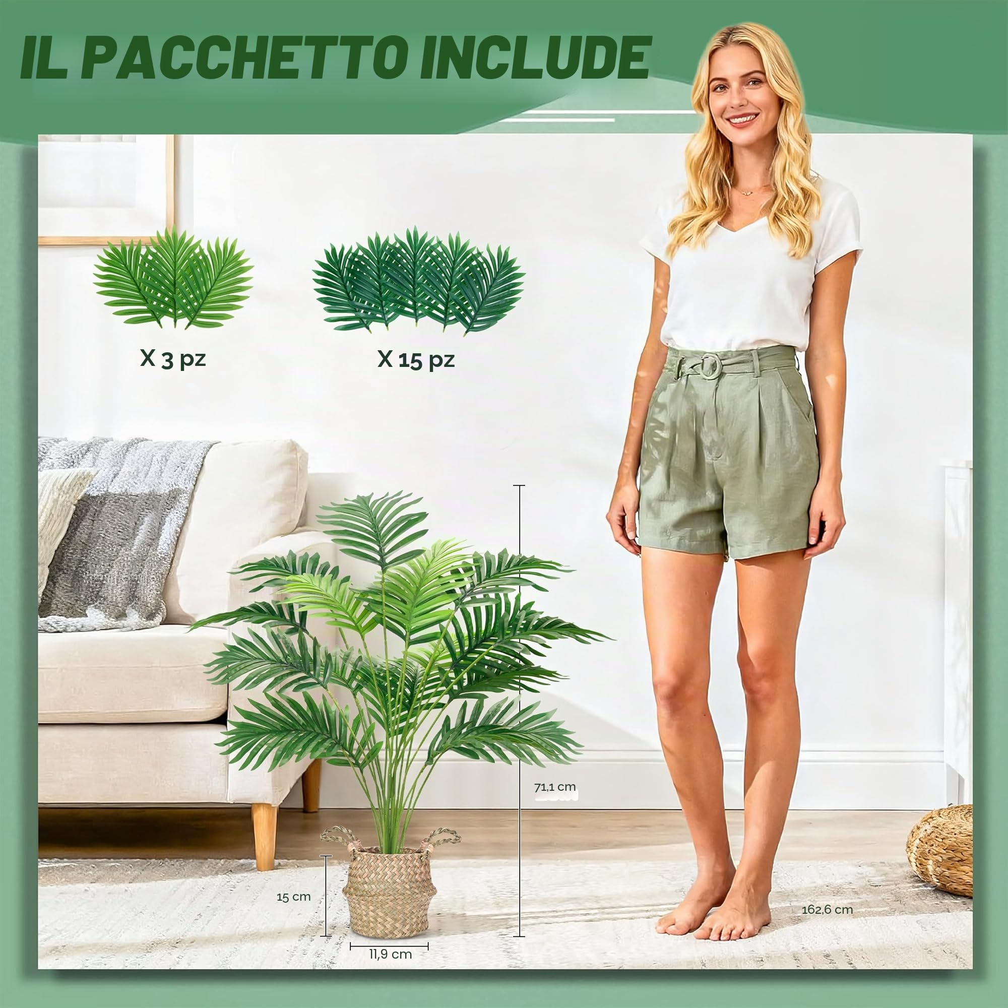 Der Rose Piante artificiali per interni Palma in vaso, 71 cm, pianta finta ideale per la decorazione di soggiorno, camera da letto, ufficio e giardino (1 vaso)