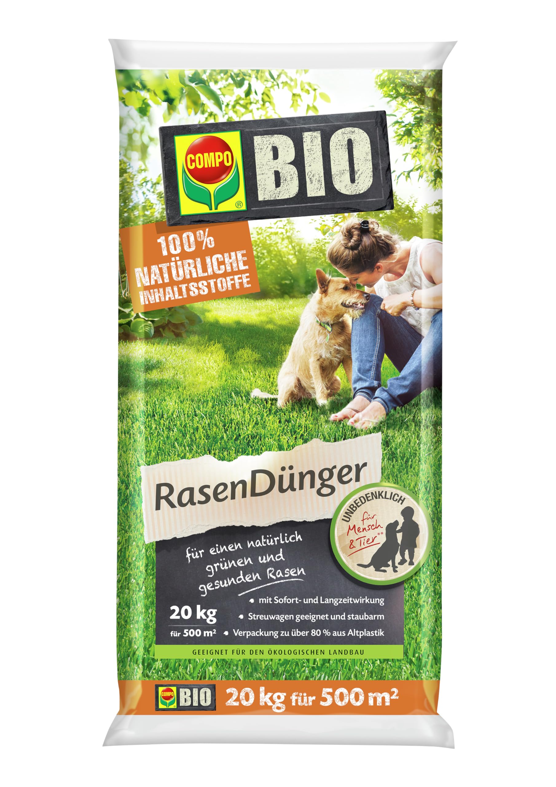 COMPO BIO Rasendünger, Naturdünger für Rasen, Natürliche Sofort- und Langzeitwirkung, Feingranulat, 20 kg, 500 m² 20kg