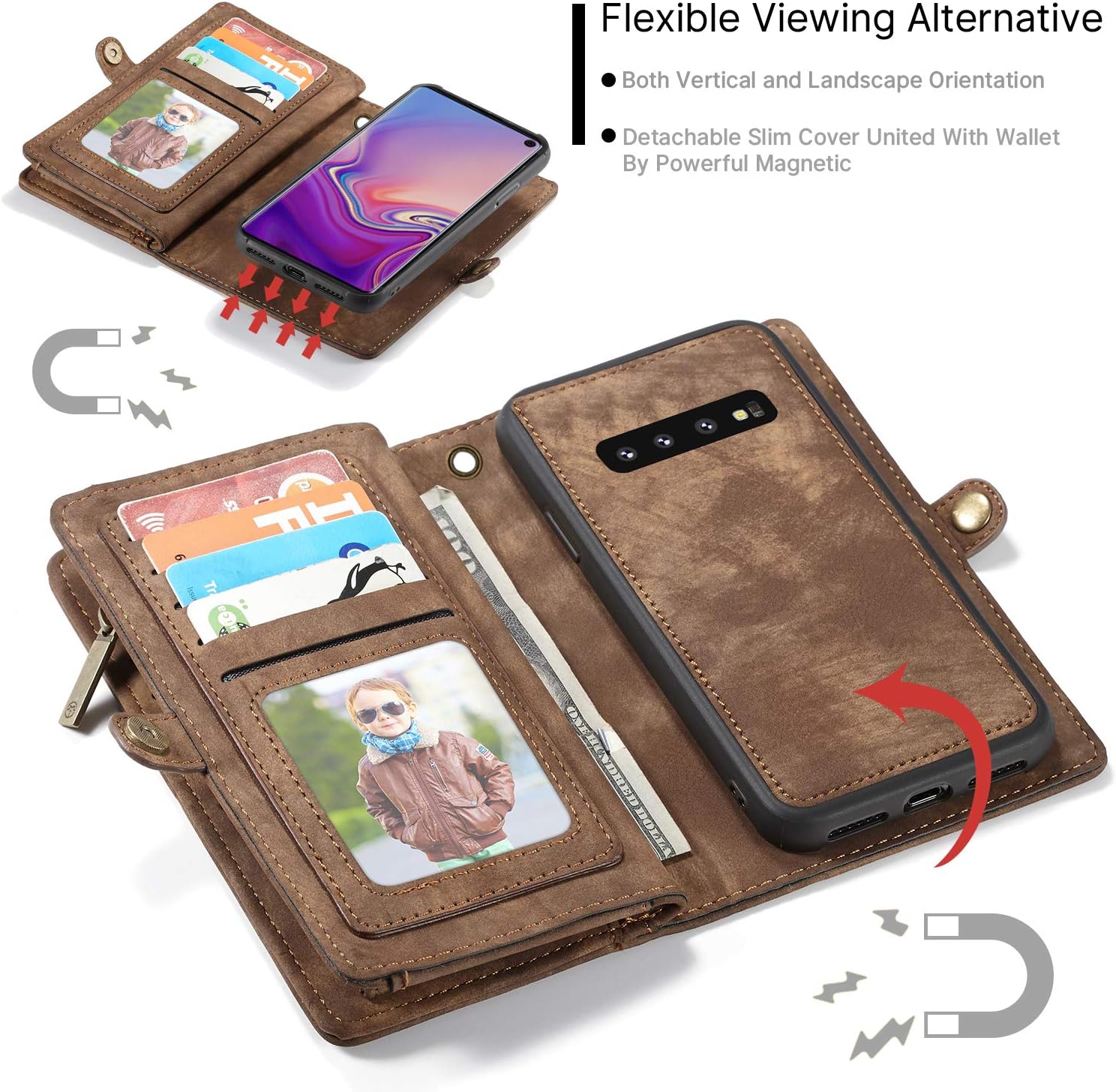 Bеѕt Prоmо Simicoo Samsung Galaxy Note 10 Plus Detachable Leather Wallet Case Zipper 11 Card Slots Holder Flip Purse Magnetic Handle Wrist Strap Shockproof Pocket Handbag for Note 10 Plus(Brown)