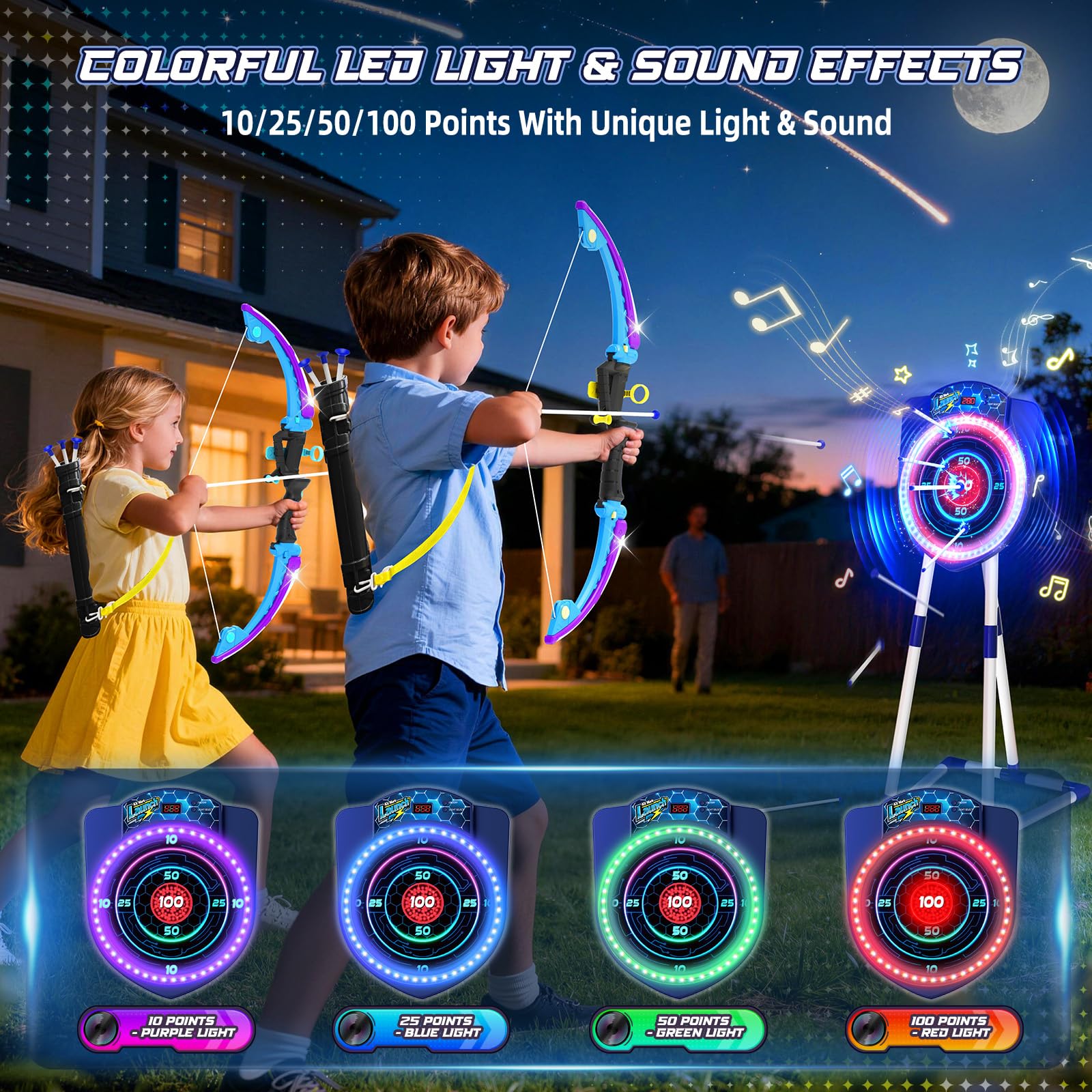 VATOS 2 Arcs et Flèches LED pour Enfants avec Comptage Automatique, Set de Tir à l’Arc Lumineux avec 10 Flèches, Cible LED, Jouet d’Intérieur et d’Extérieur pour Garçons et Filles de 5 à 12 Ans