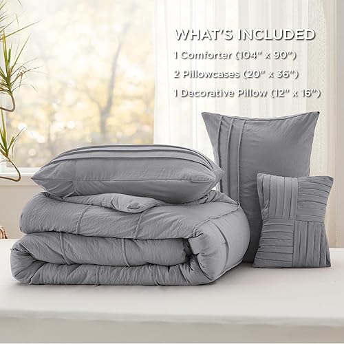 Miniatura 6 de Bedsure Juego de edredón gris tamaño King, juego de cama plisado de 4 piezas, juegos de ropa de cama alternativa de plumón para todas las