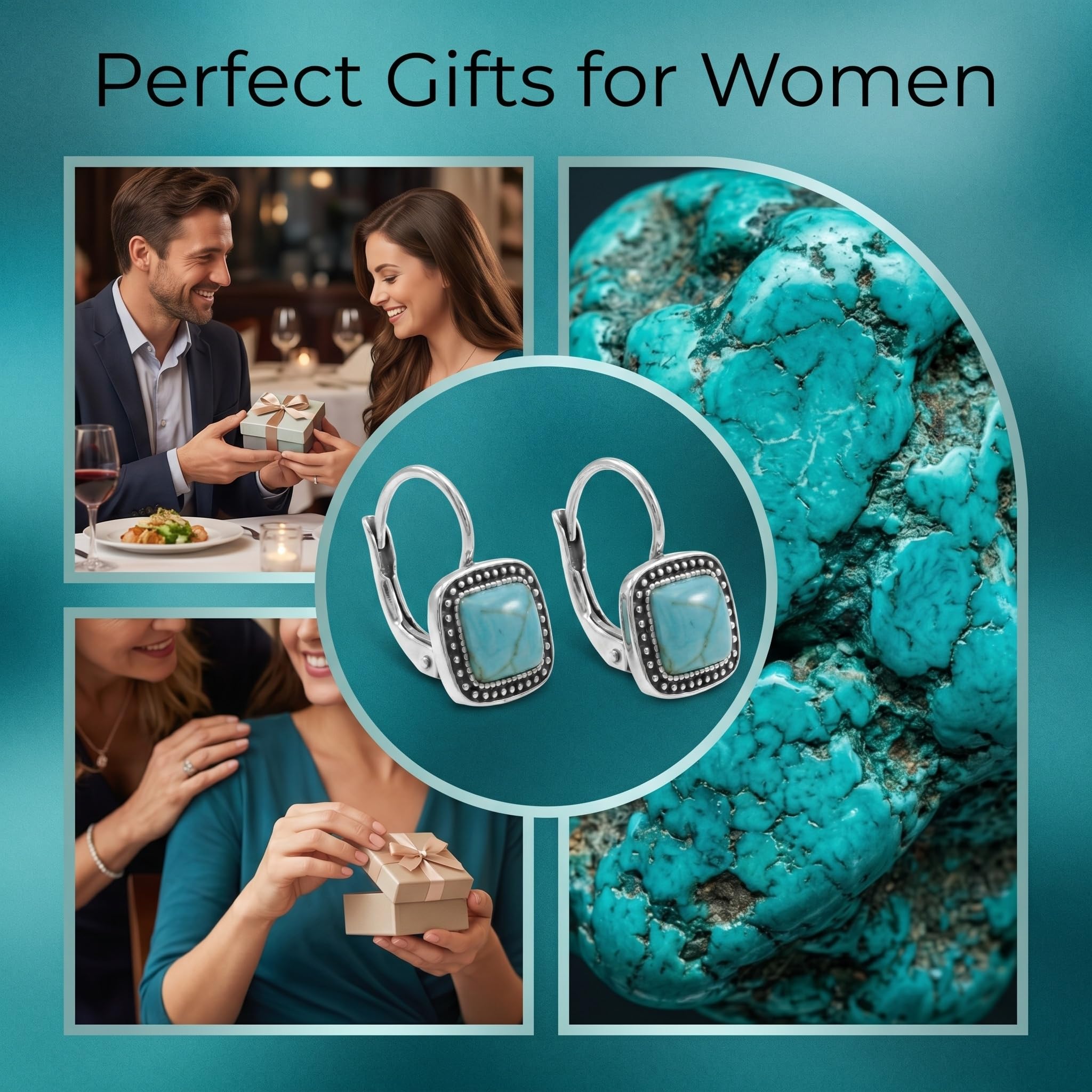 Ohrring mit natürlichem Türkis, 925er Sterlingsilber, Klappverschluss, quadratische Türkis-Hängeohrringe, Western-Schmuck, Geschenkidee für Damen