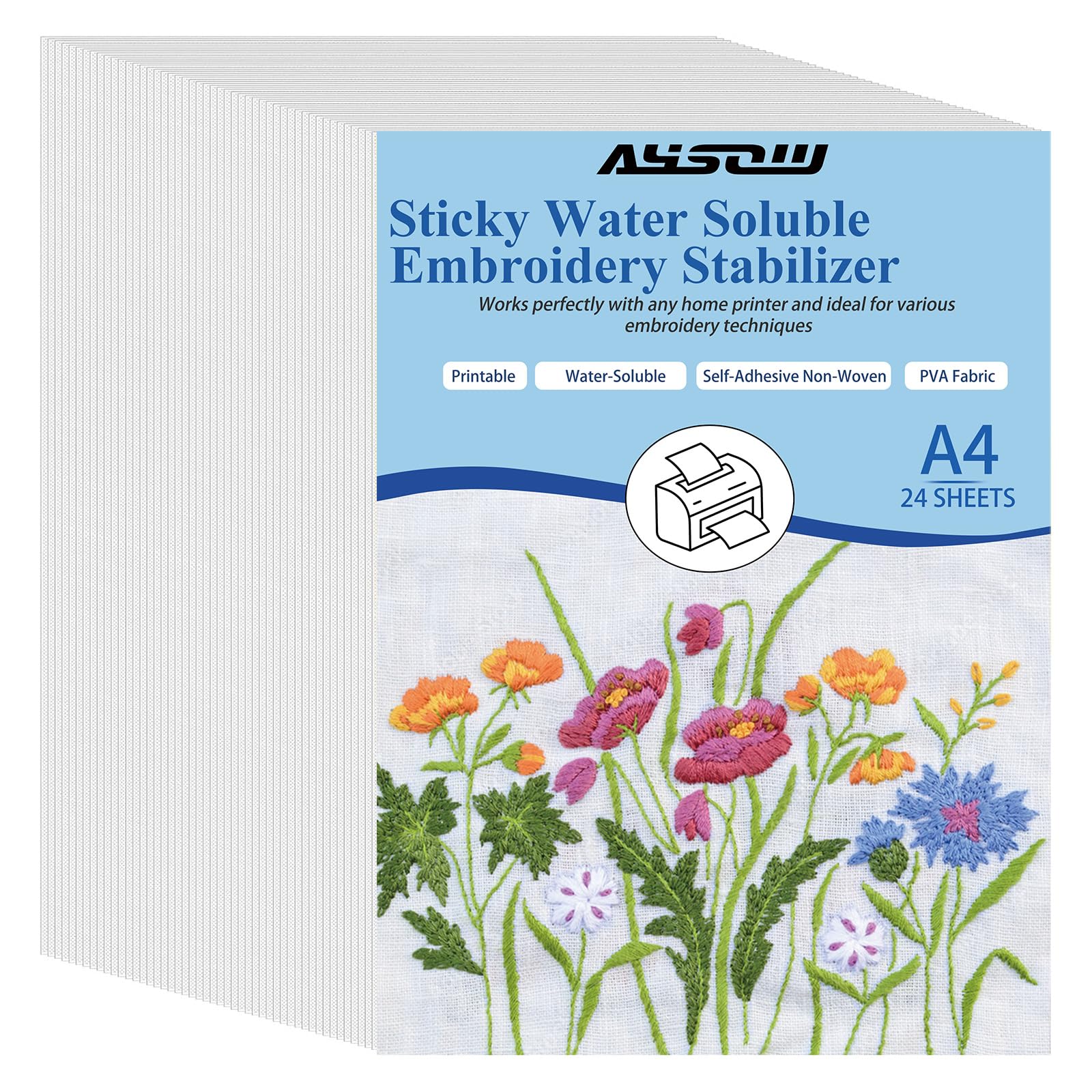 AYSOW 24PCS Sticky Water Soluble Embroidery Stabilizer Sheets - 8.3