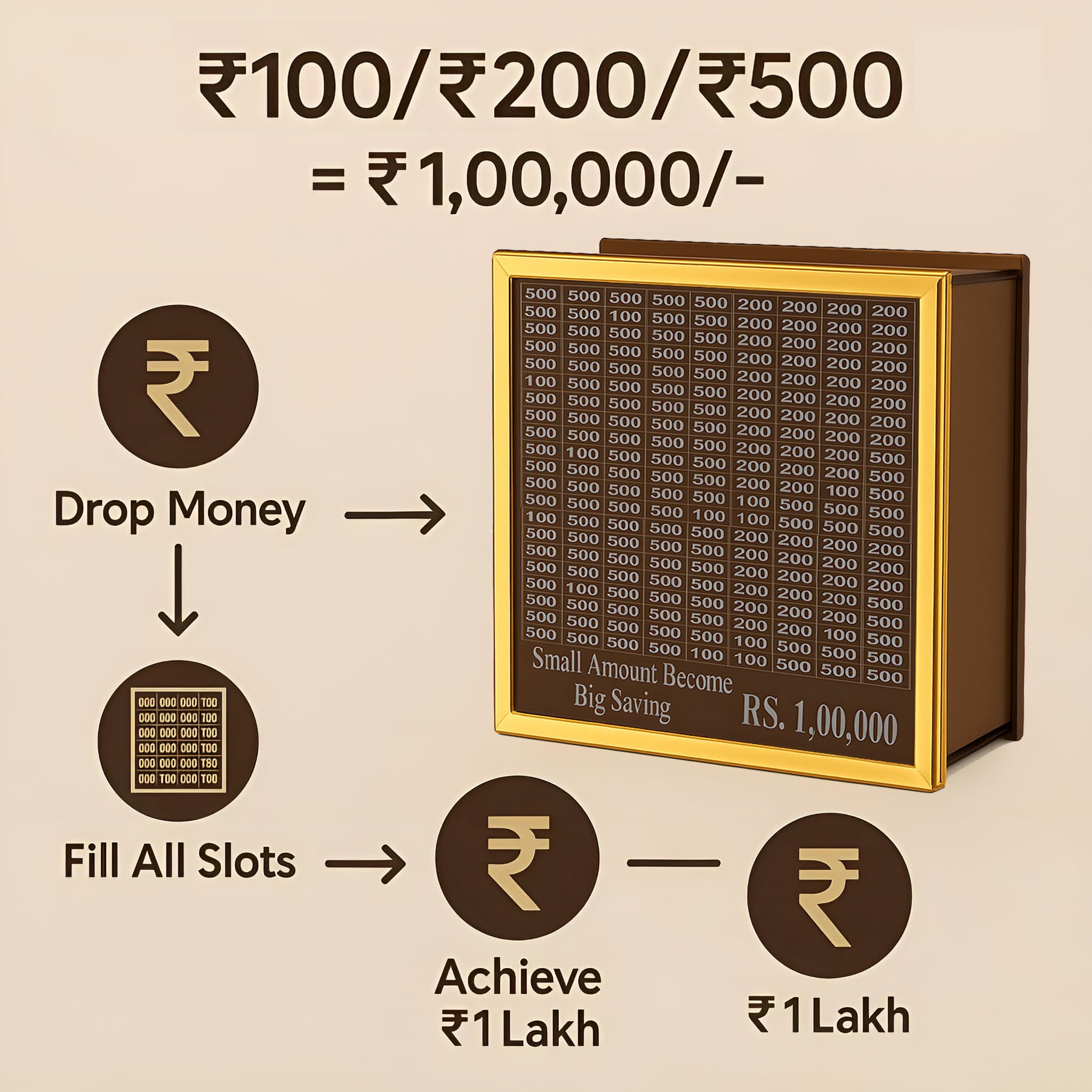 DALUCI Money Saving Box for Adults & Kids | 1 Lakh Savings Challenge Wooden Piggy Bank with Denomination Grid | Cash Saving Box, Budget Organizer & Unique Gift Item (Golden Line) - Image 2 thumbnail