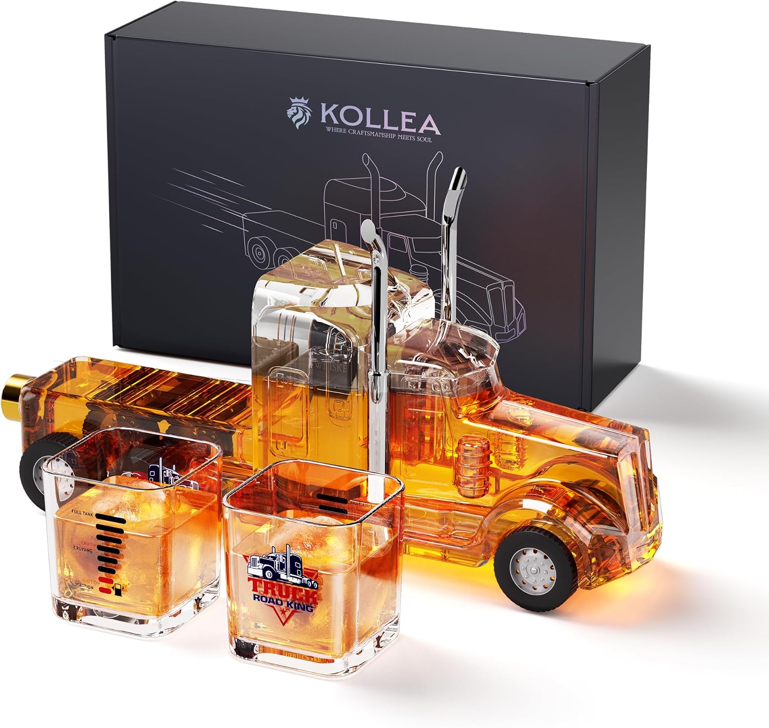 Kollea Semi Truck Whiskey Decanter Gift Set with 2 Glasses