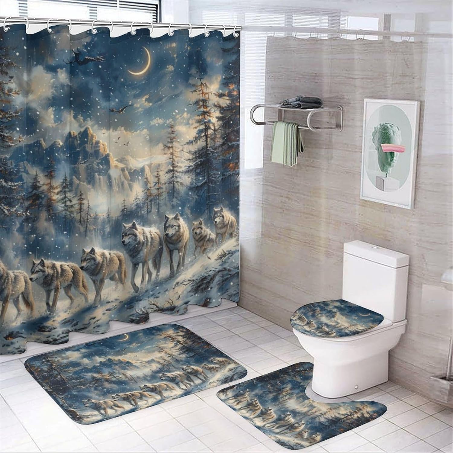 4Pcs Winter Forest Wolf Shower Curtain, Fantasy Star Moon Snowy Mountain Shower Curtain Sets with Toilet Lid Cover, U-Shaped Mat and Non-Slip Rugs, Bathroom Decor Set, 72" x 72"