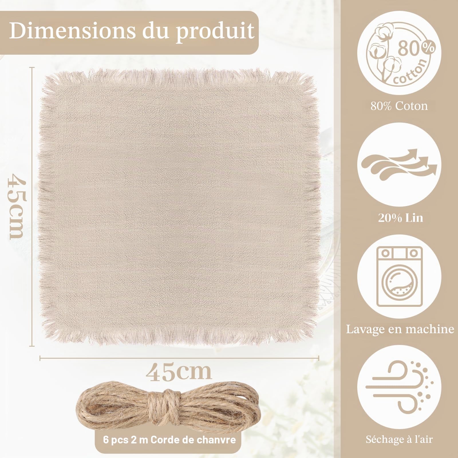 LALAGO 12pcs Serviettes de Table en Tissu 45x45cm, Serviette Tissu avec Franges, Serviettes de Table en Lin Lavable et Réutilisable pour Mariage, Hôtels, Restaurants, Evénements et Fêtes Beige