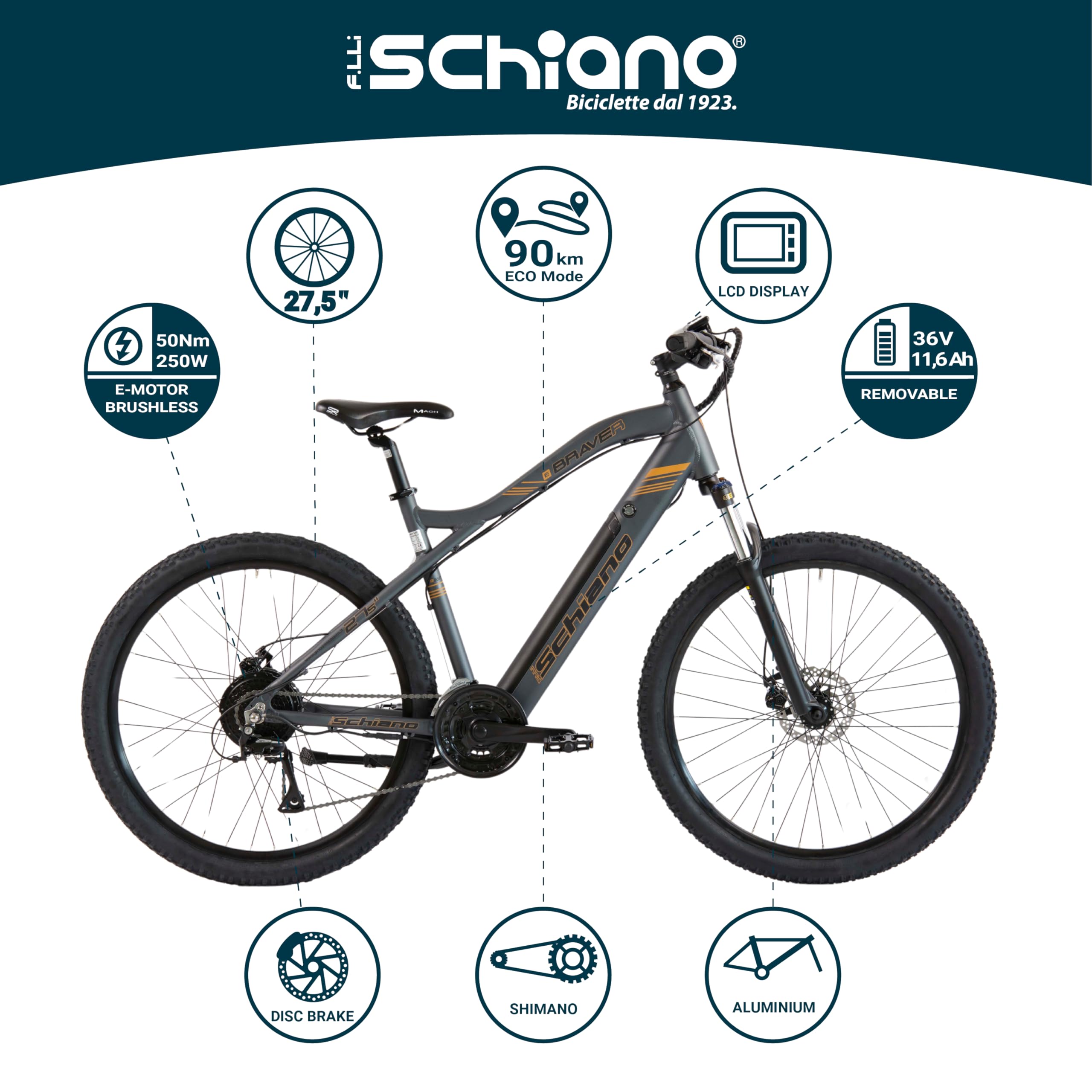 F.lli Schiano Braver, Bicicleta Electrica MTB, 27.5", Batería 36V 11.6Ah Extraíble, Motor 250W 50Nm, Bici Electrica de Montaña, Unisex Adulto