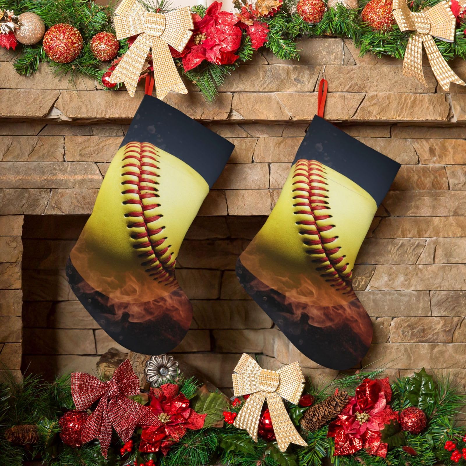 KLOPH Christmas Stockings 18" Personalized Xmas Stocking Softball Decoration Stocking Hanging Fireplace Stocking for Holiday Xmas Tree Christmas Fireplace Decor