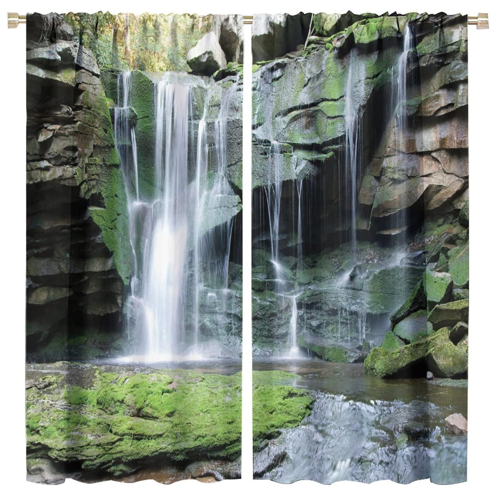 GoDazzling Forest Waterfall Blackout Windows Curtains, Rocky Waterfall to Pond Running Off Scenic Nature Themed Picture Print Curtains, for Living
