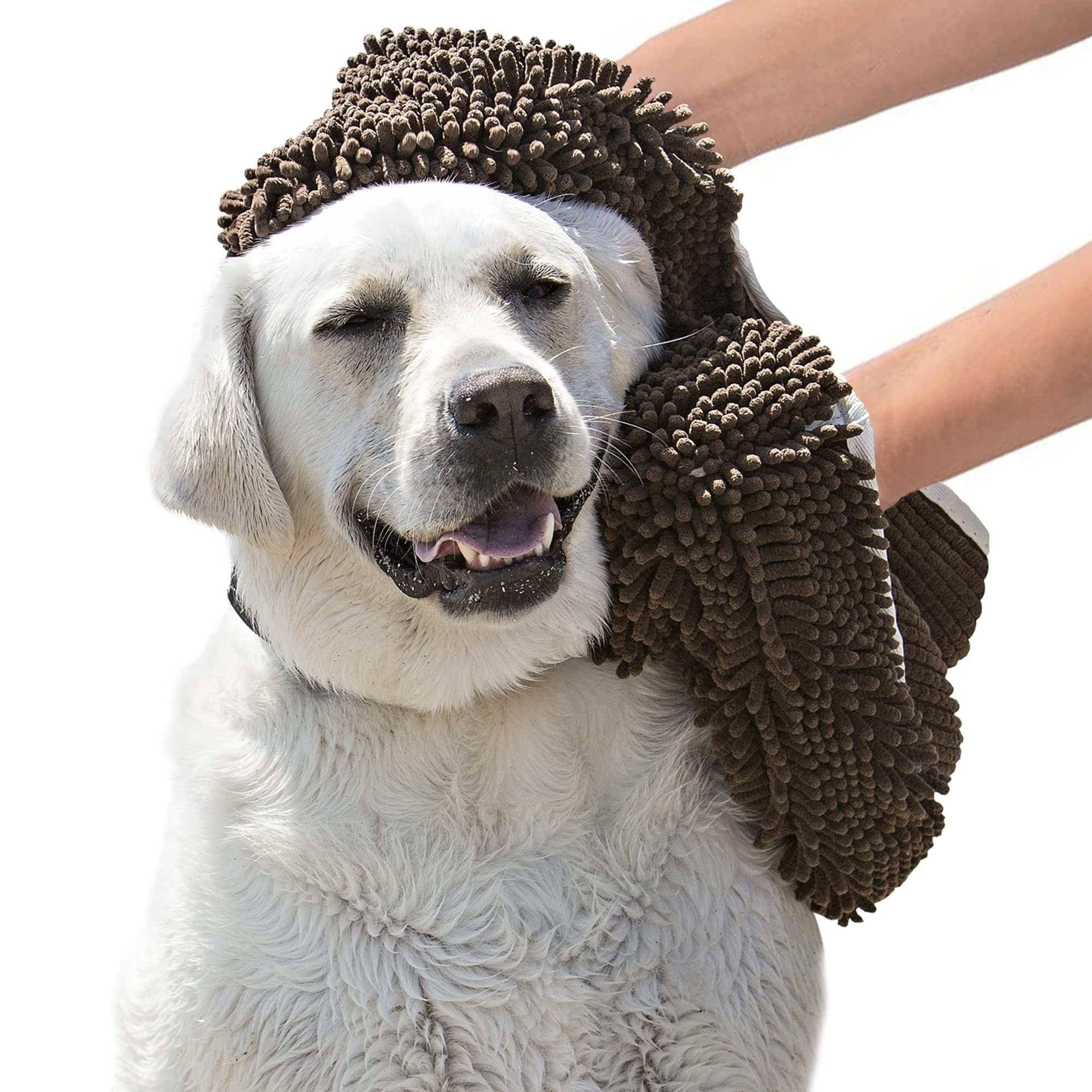 Soggy Doggy Super Shammy Dog Towel - Microfiber Chenille Towel for Drying Dogs and Cleaning Paws - Fast Drying with Hand Pockets for Ease (Dark Chocolate/Oatmeal Trim, 31” x 14”)