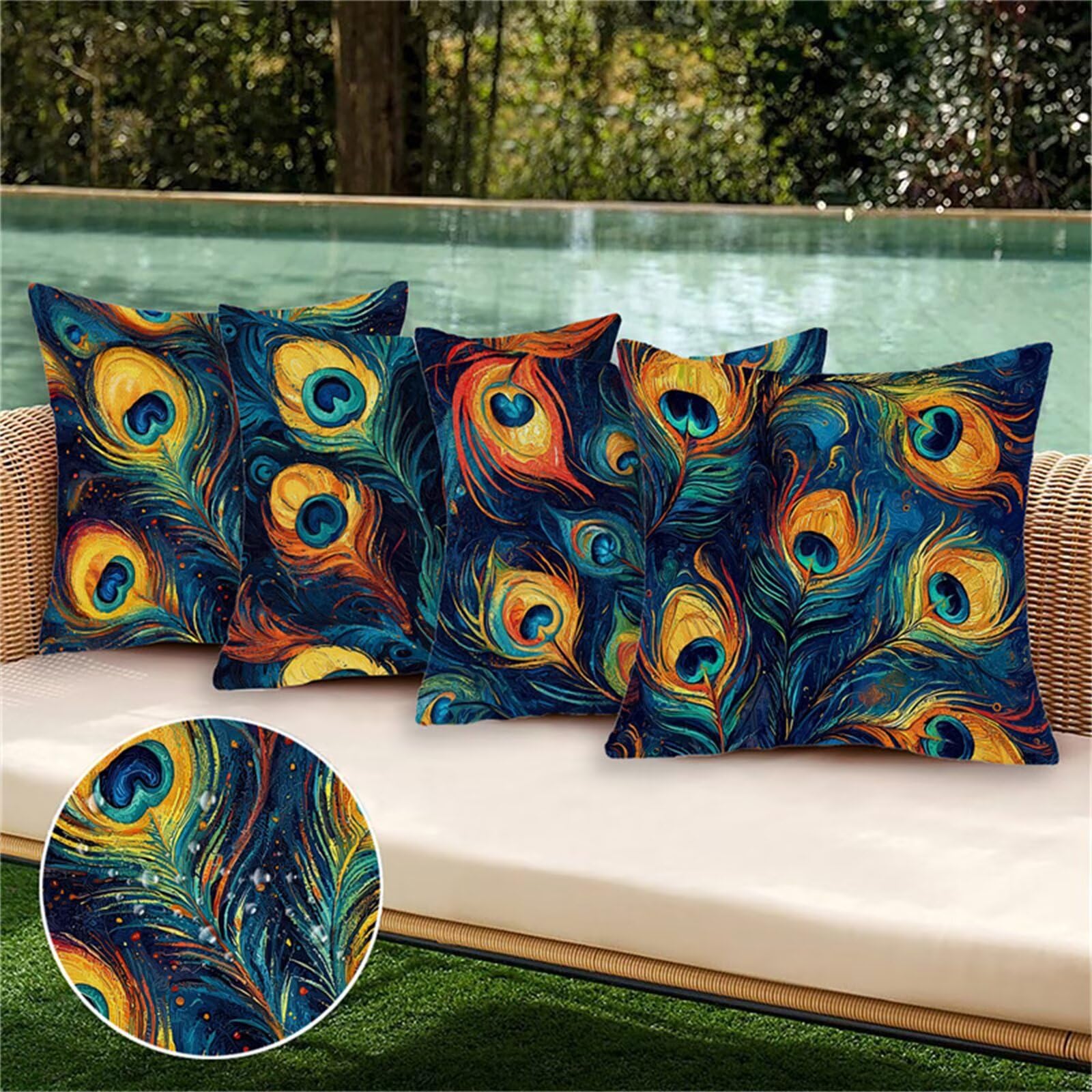 Outdoor Kissenbezug Bunte 55x55 cm Outdoor Kissenbezug Wasserdicht Dekokissenbezug Pfau 4er Set Leinen Zierkissenbezüge Kissenhülle Sofakissenbezüge für Garten, Schlafzimmer, Sofa, Stuhl, Bett, Y-8