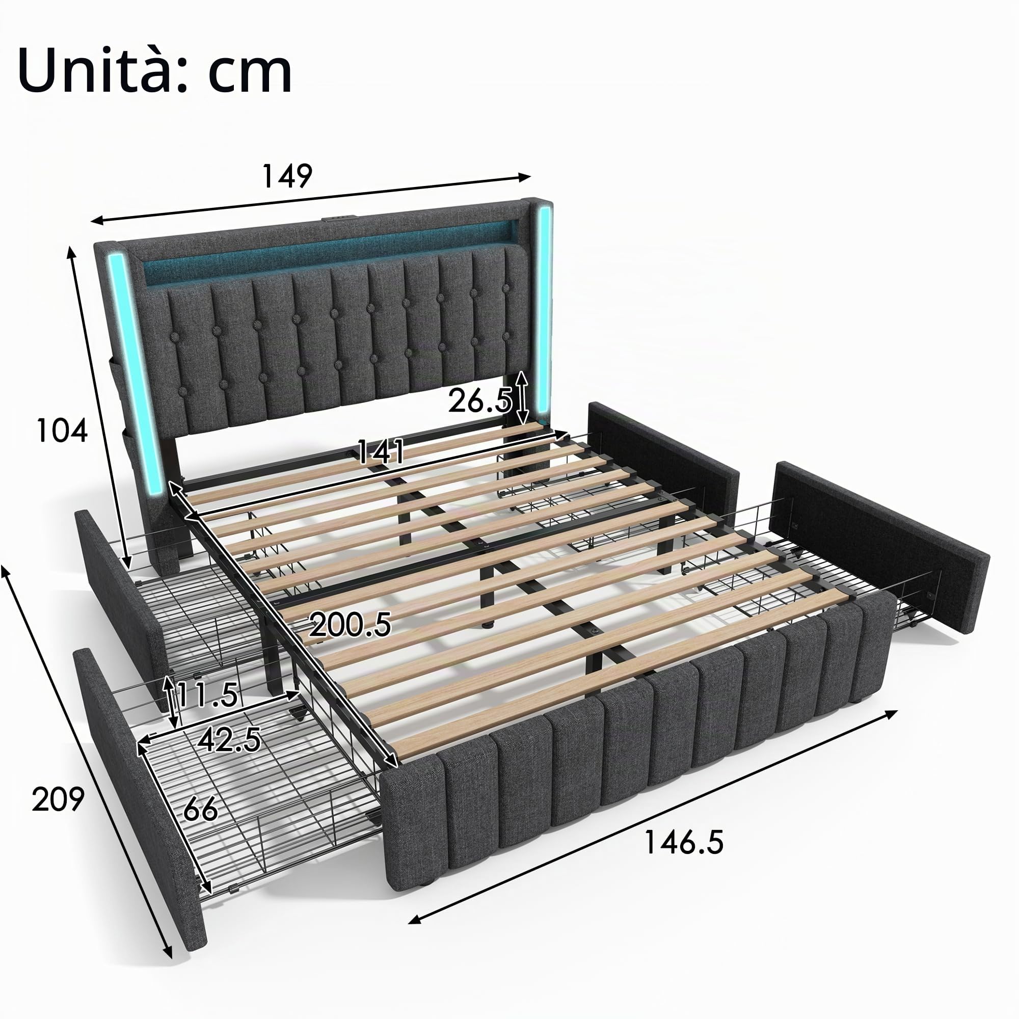 Rtopsu Letto Imbottito Letto Matrimoniale 140x200 cm con LED e USB Typ C Testata, Letti con 4 Cassetti, Struttura del Letti con Metallo e Rete a Doghe in Legno, Lino, Grigio, Senza Materasso