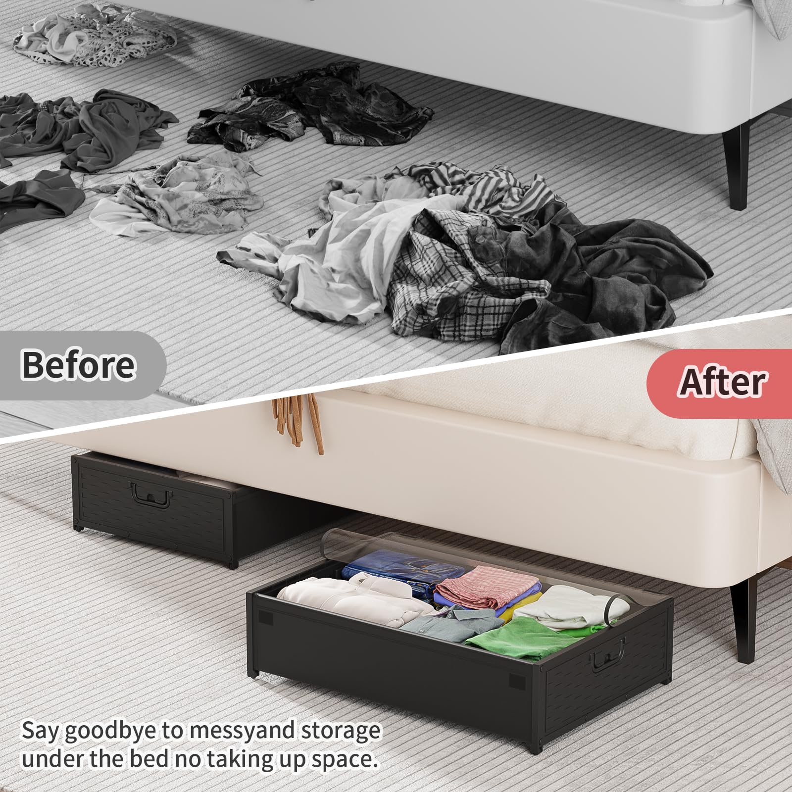 Contenitore sotto il letto con ruote, 40 l, contenitore sotto il letto con coperchio, organizer per vestiti e scarpe, per dormitorio, camera da letto, tessuto Oxford e struttura in metallo