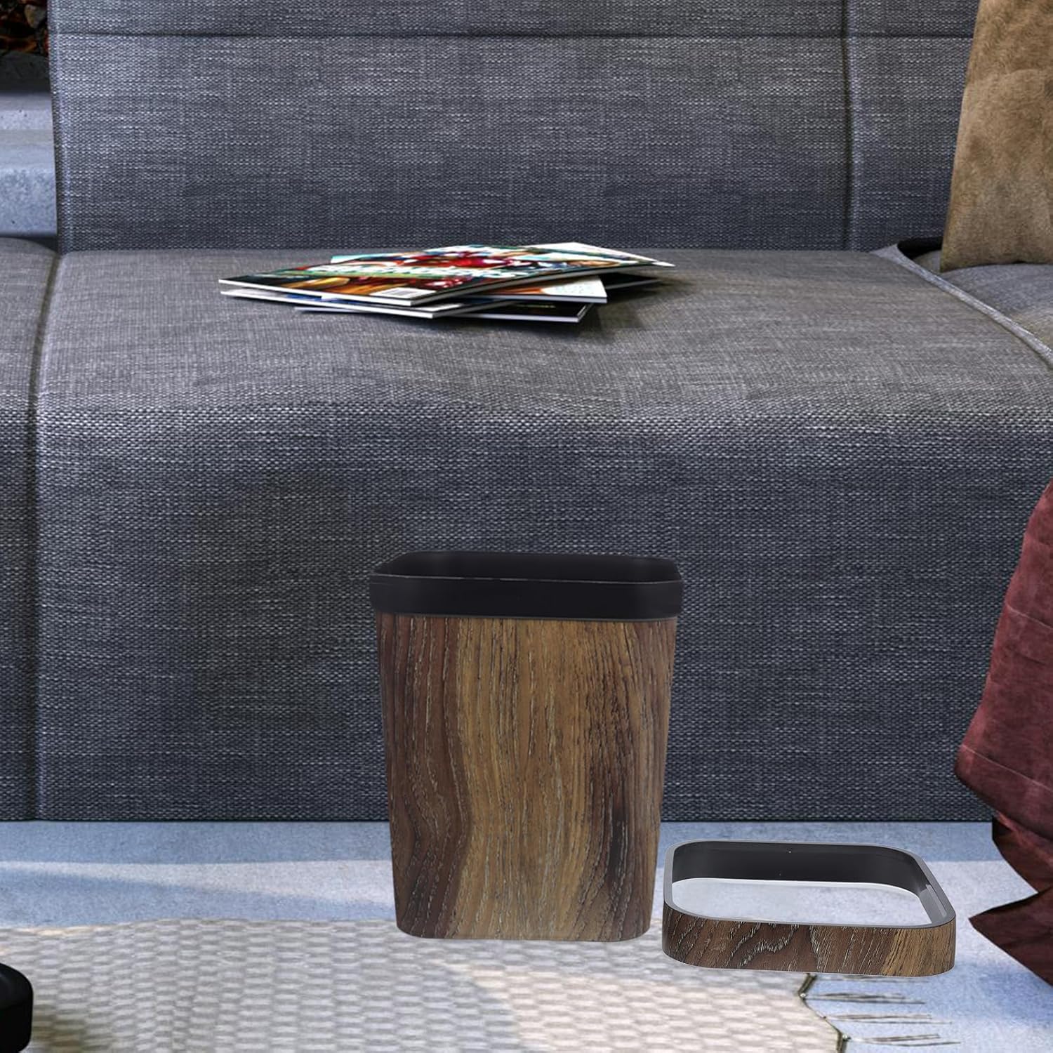 Square Plastic Trash Can Household Wastebasket Rubbish Storage Bin Without Lid Wood Grain Design Coffee Color for Office Home Organization