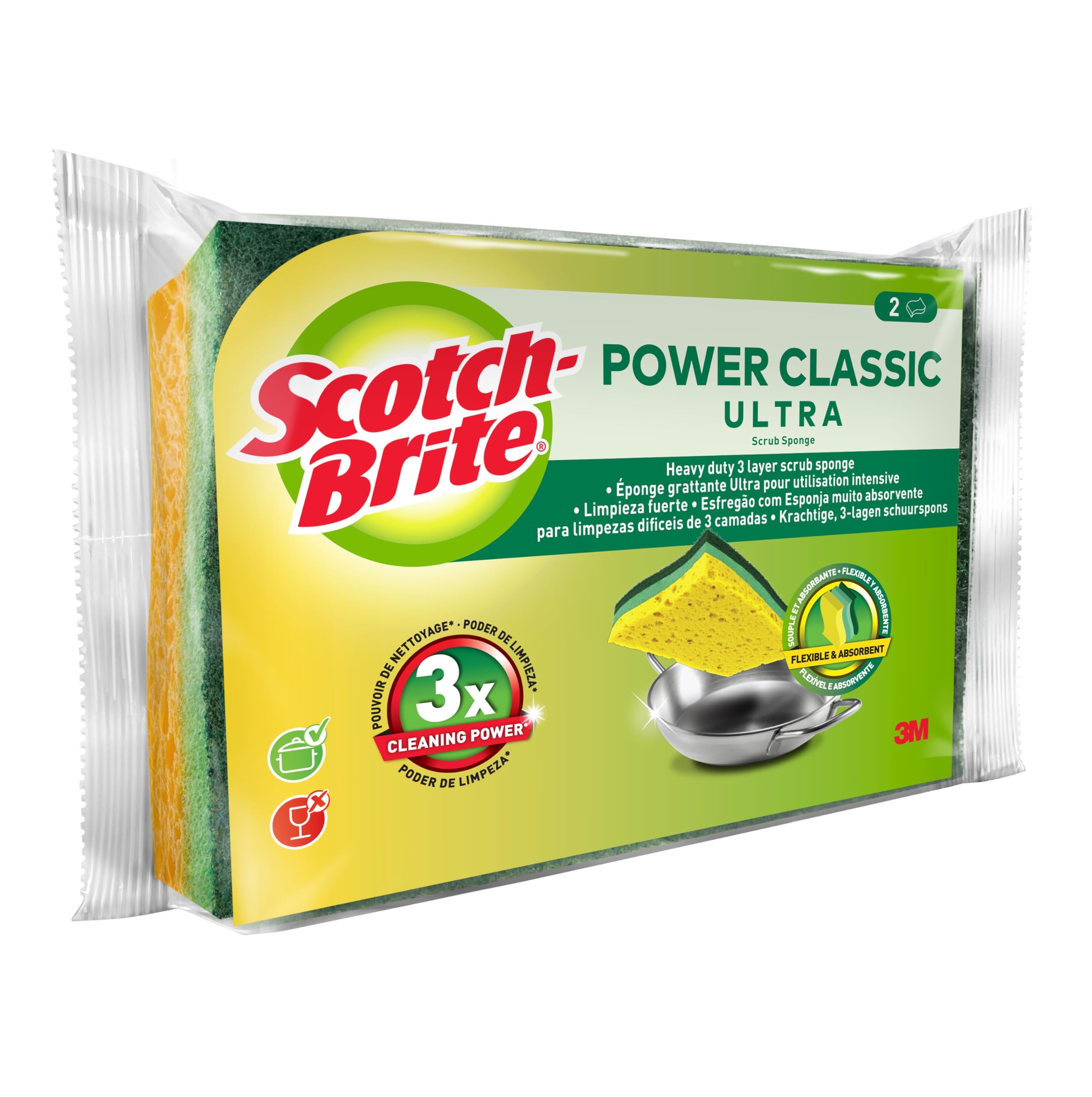 Scotch-Brite Estropajo Ultra Clásico, Pack de 2 Esponjas Multiusos – No Raya, para Ollas, Sartenes, Cristal y Utensilios de Cocina Antiadherentes