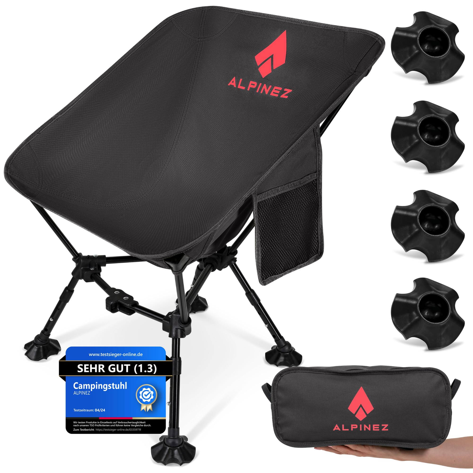 ALPINEZ Camping Chair, Modern Style, Foldable, Lightweight, Height Adjustable, Small Pack Size, Fishing Chair, Ultralight, Beach Chair, Black