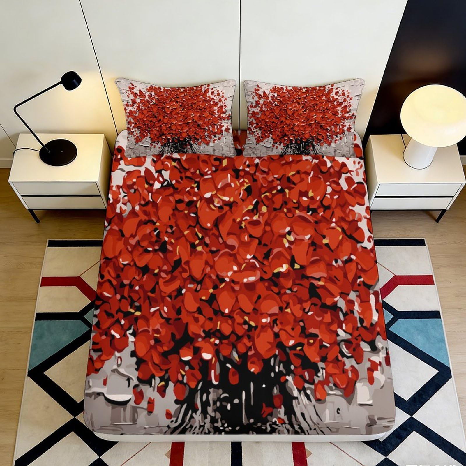 Dhbaneiok Style-5 3D Printed Red Blossom Tree Fitted Sheet Microfiber Slip Resistant Dustproof Bedroom Bed Cover For Home Decor 90X200x25cm