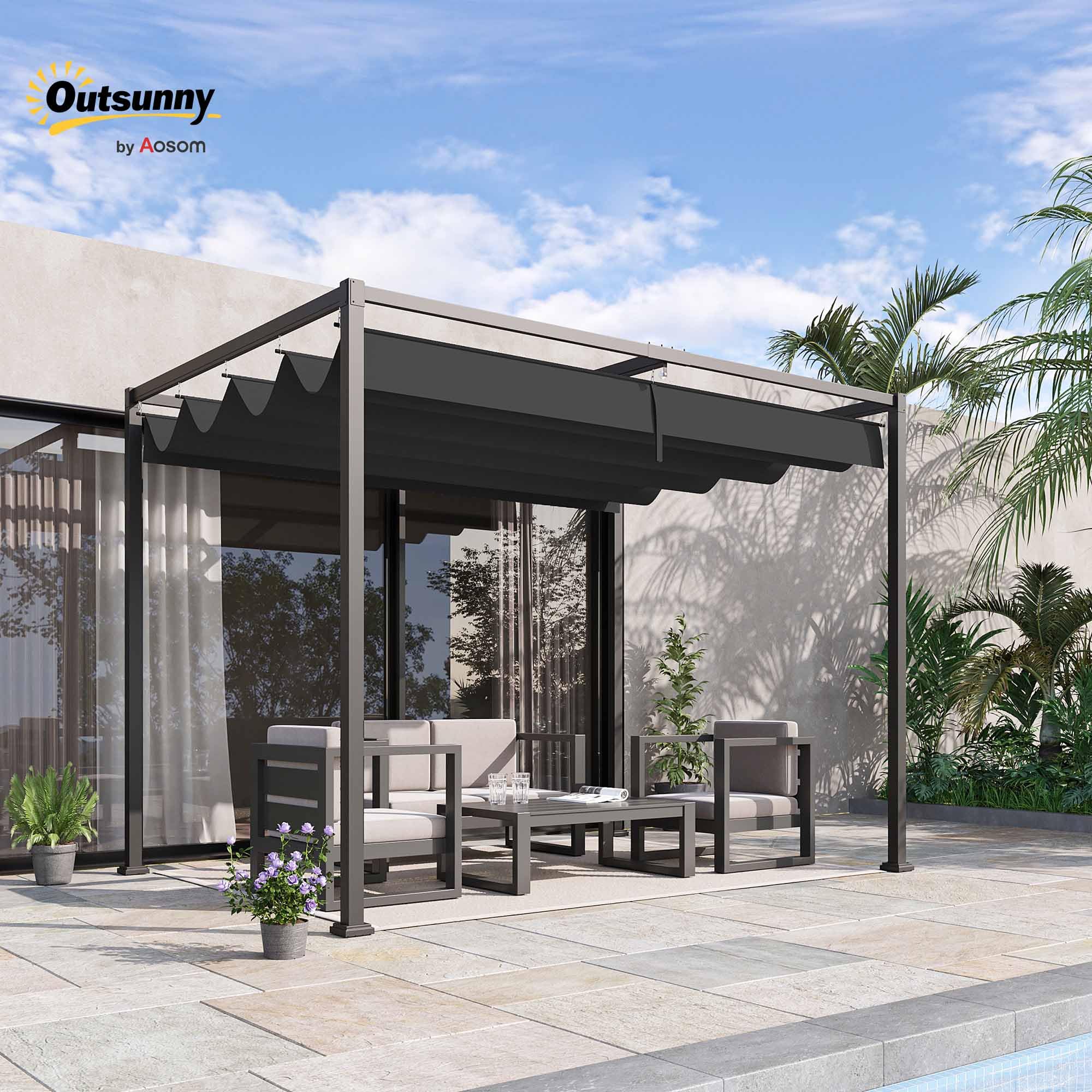 Outsunny Pergola Pawilon zadaszenie tarasu z rozsuwanym dachem, poliester czarny 298 x 213 x 222 cm