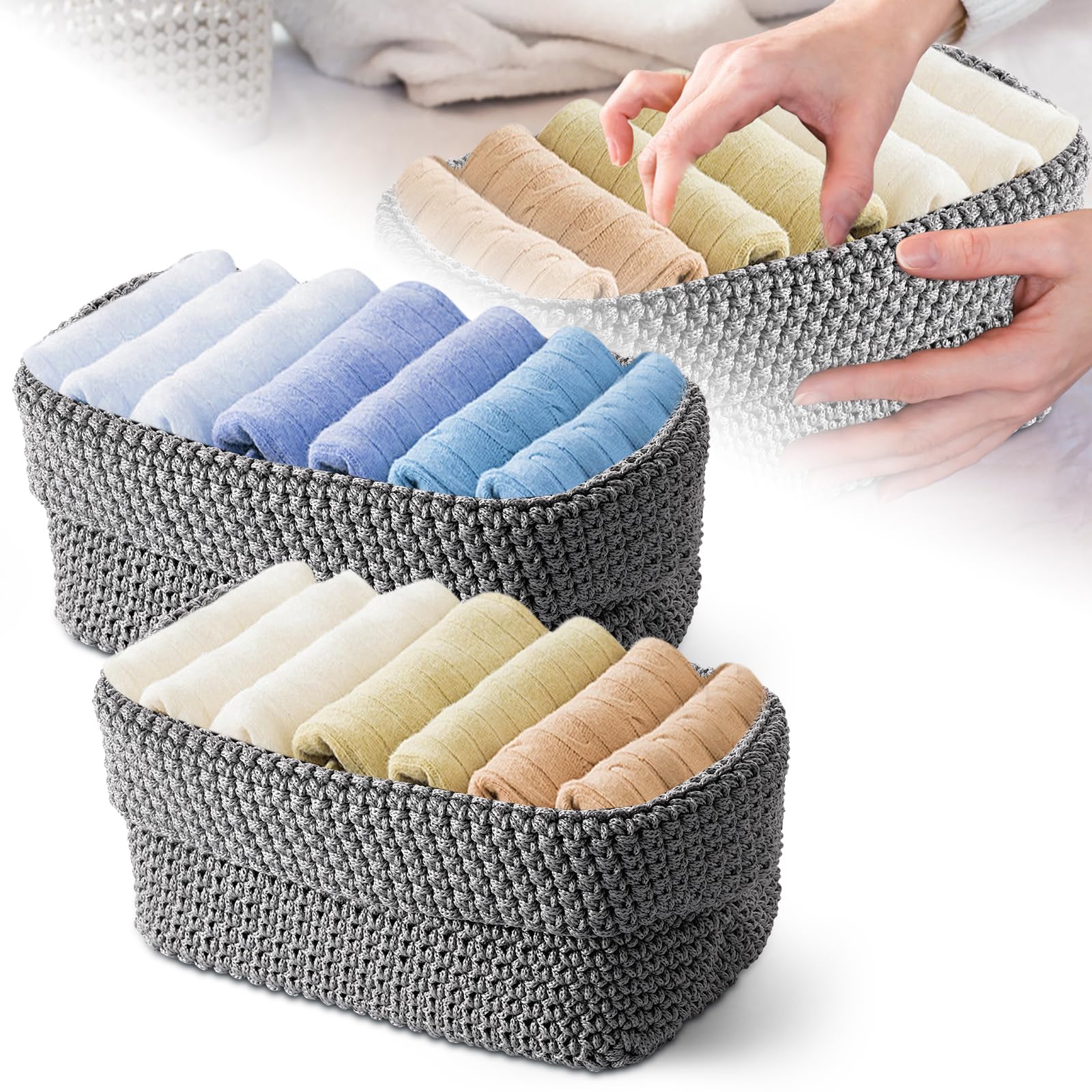 BAODBF Pack of 2 Braided Baskets, Cotton Rope, Organiser Boxes, Toy Storage, Crochet Basket for Guest Towels, Storage Basket for Towels, Cosmetics, Keys, Jewellery, 21 x 15.5 x 13 cm (Grey)