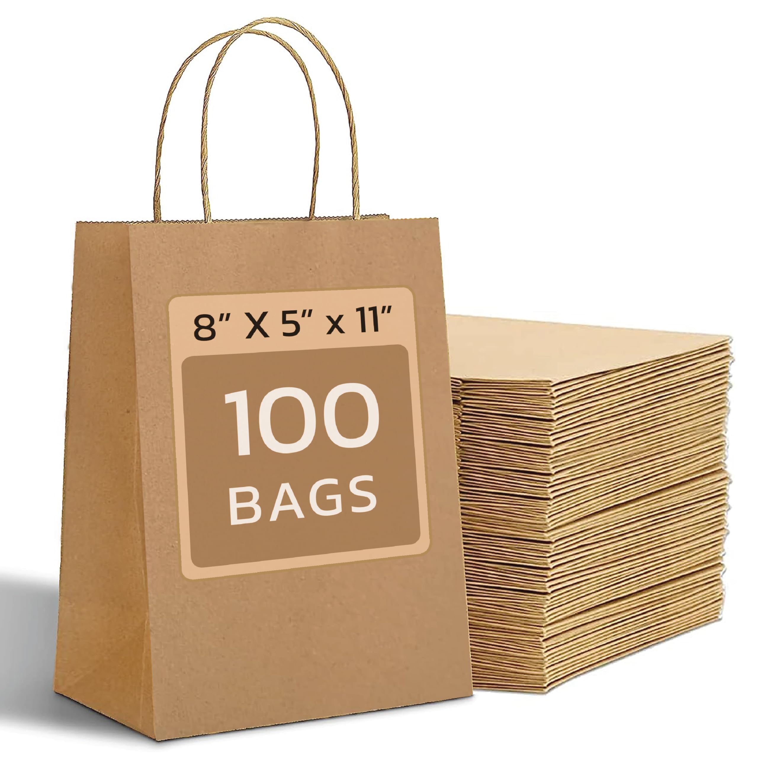 Recykraft 100pcs 8x5x11 Inches Large Brown Paper Bags with Handles, Kraft Paper Bags, Brown Gift Bags with Handles Bulk for Birthday, Party Favor, Grocery, Shopping, Craft, Retail and Small Business