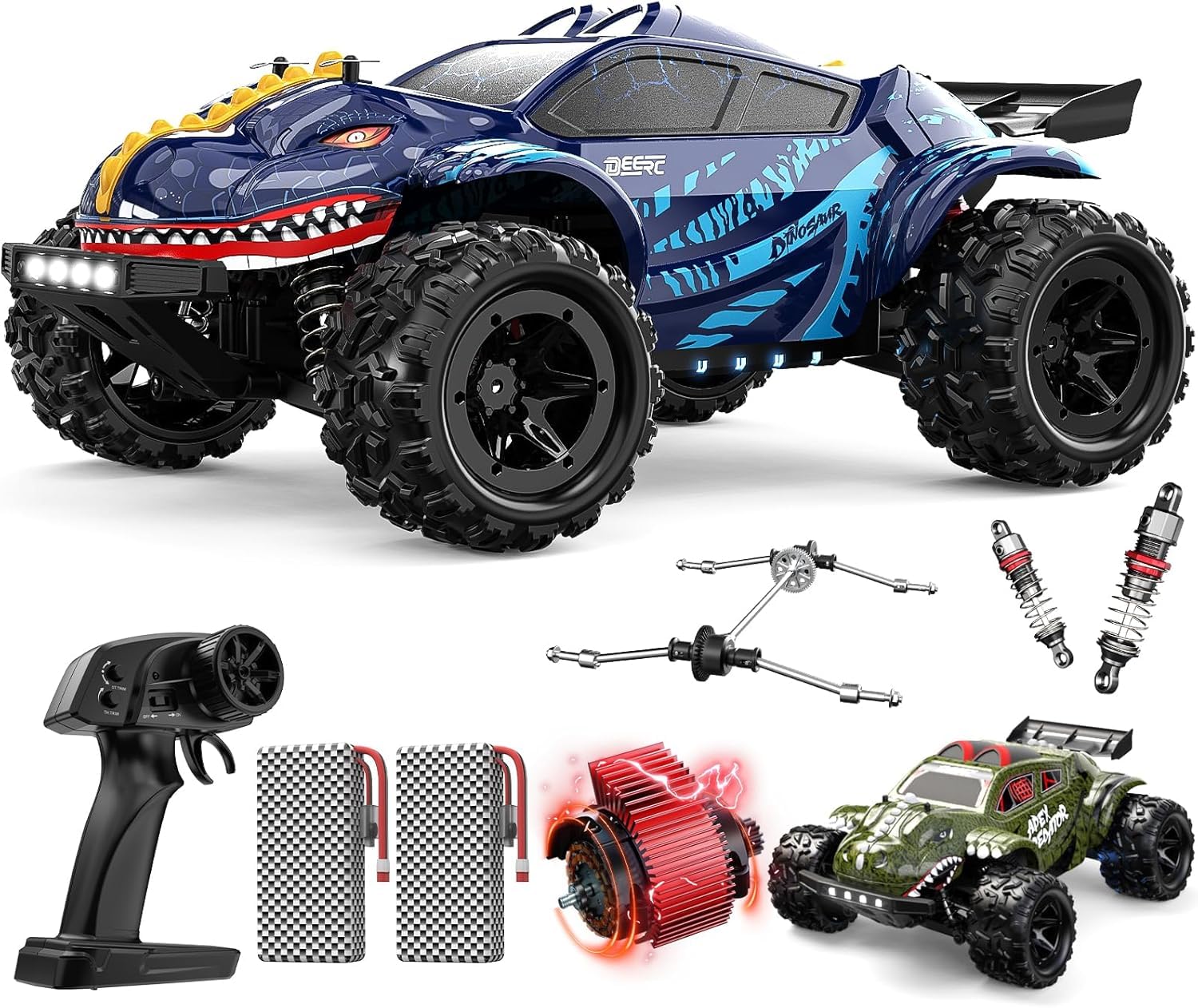 DEERC 9308E 1:16 Coche Teledirigido Monster Truck Rápido 40 KM/H, Camión RC Dinosaurio 4 Ruedas Motrices Alta Velocidad, Coche RC Todo Terreno 2,4 GHz con 2 Baterías y 2 Carcasas para Niños
