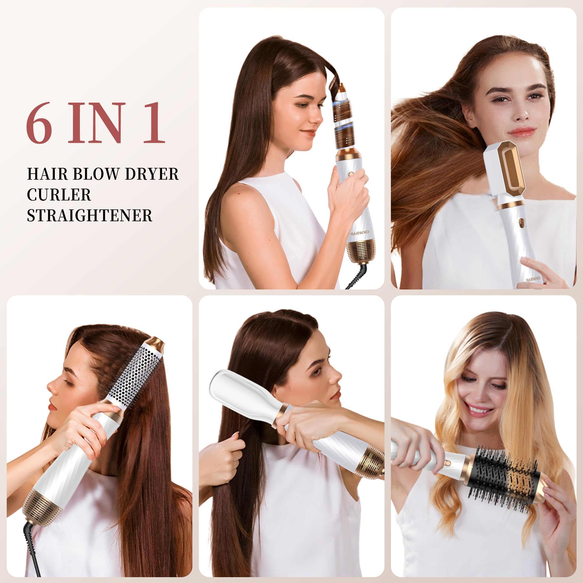 Cepillo Secador De Pelo 6 en 1 OKWRAP Cepillo de Aire Caliente Secador Moldeador Alisador set 6 Cabezales Intercambiables, 3 Temperaturas,Moldeador Pelo With Riza, Da Volumen, Alisa y Seca