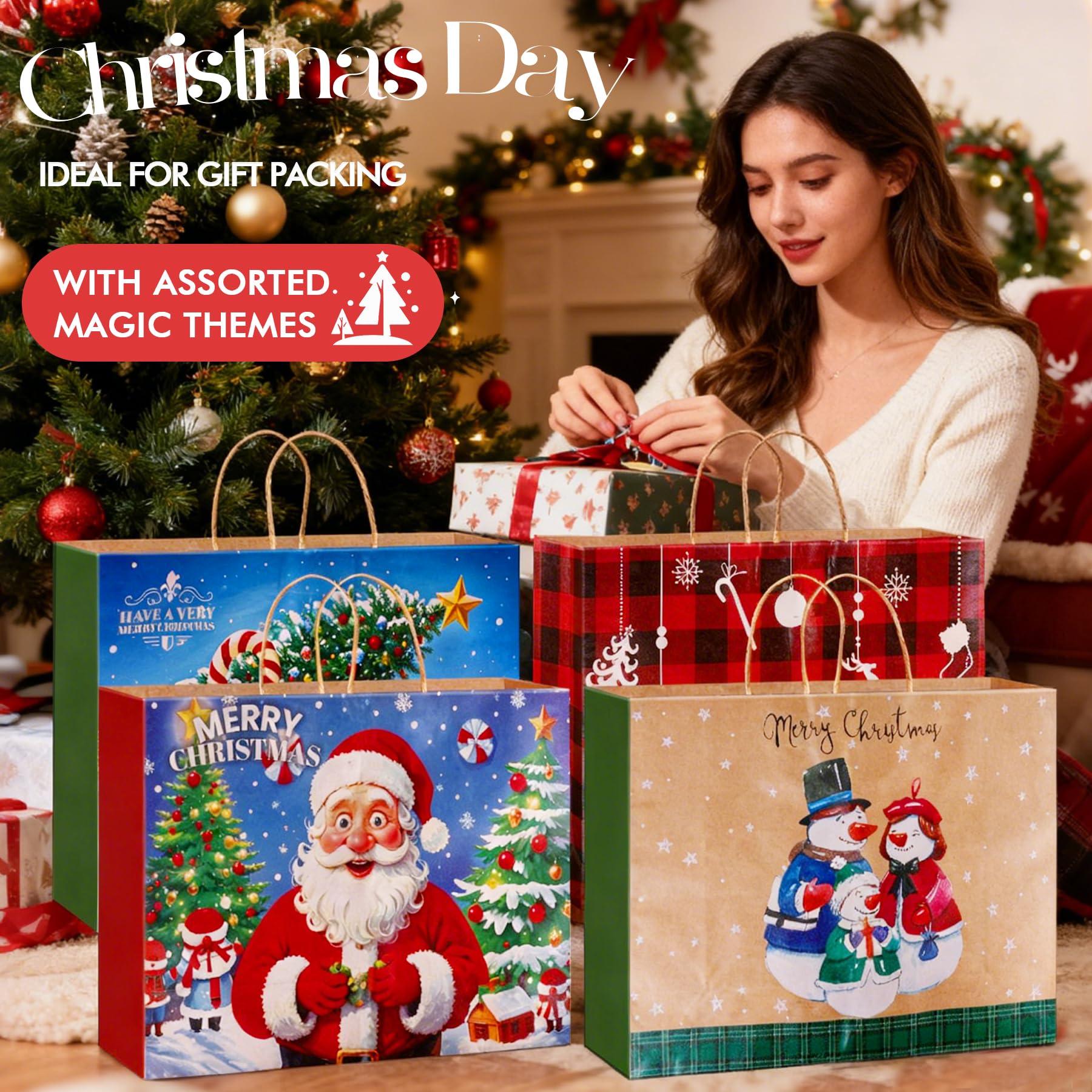 Bszatan Lot de 12 sacs fourre-tout extra larges en papier kraft avec poignée pour cadeaux de Noël, vacances, Nouvel An, 50,8 x 38,1 x 17,8 cm