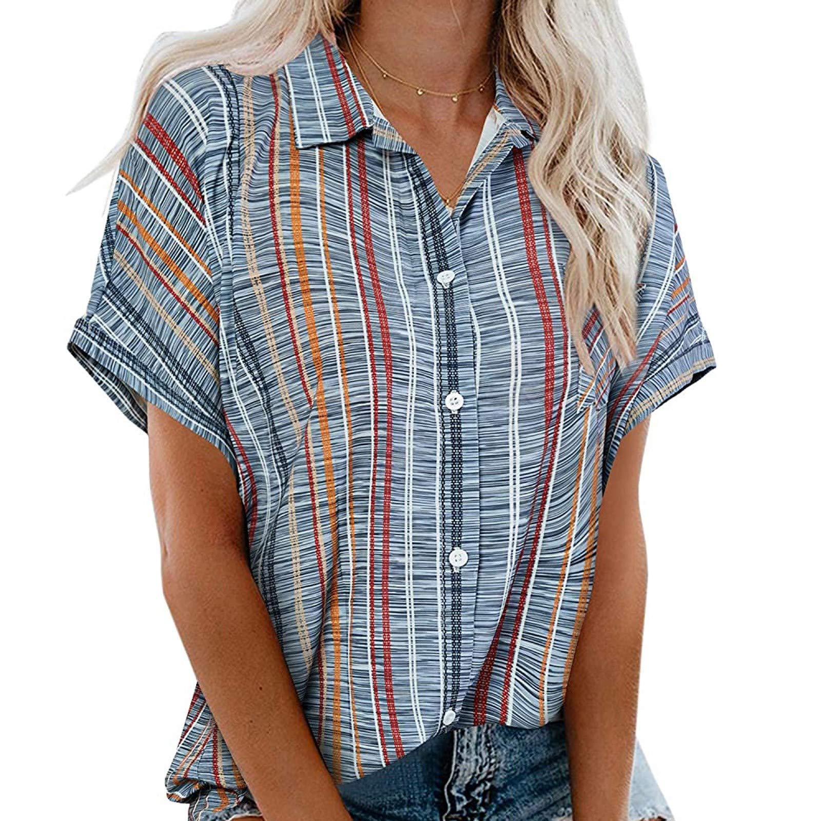 VEMOW Blusas y Camisa con Botones Camisetas Manga Corta Mujer Básico Elegantes T-Shirt, Verano Informal Suelto Blusa Túnico Tops Estampado de Raya Tallas Grandes Fiesta Tshirt Original tee