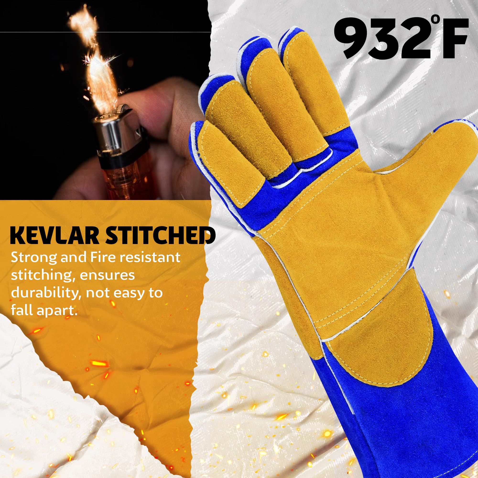 Guantes de soldadura de 16 pulgadas, cuero vacuno resistente al calor y al fuego, costuras de Kevlar, protección de 500.0 °C para MIG, palo, forja, chimenea, barbacoa, estufa de leña