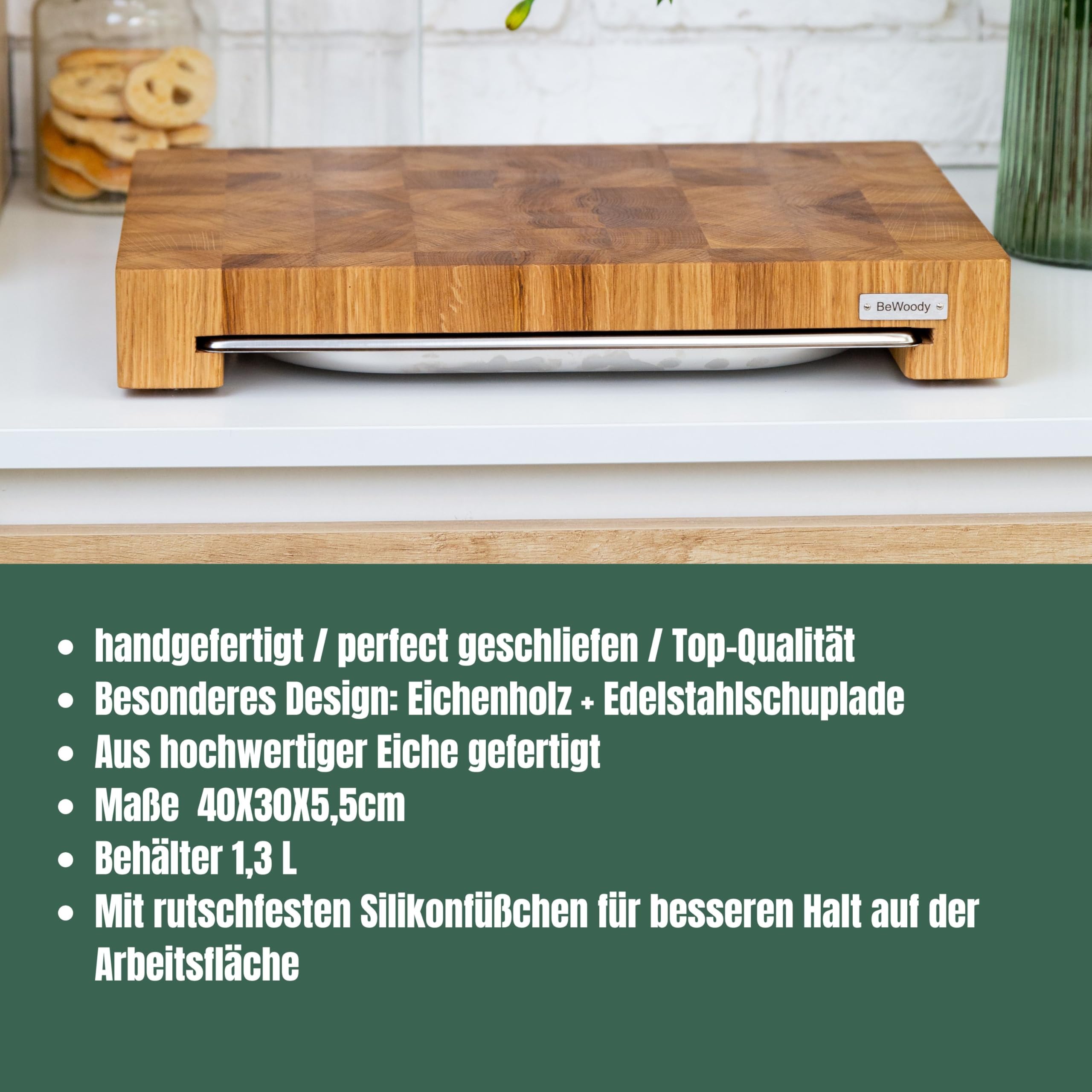 Premium Schneidebrett aus Stirnholz Eiche 40×30×5,5 cm – mit Edelstahlschublade 1,3 L | Küchenbrett massiv & rutschfest | Hackblock Holz Schneidebrett professionell geölt – Geschenkidee