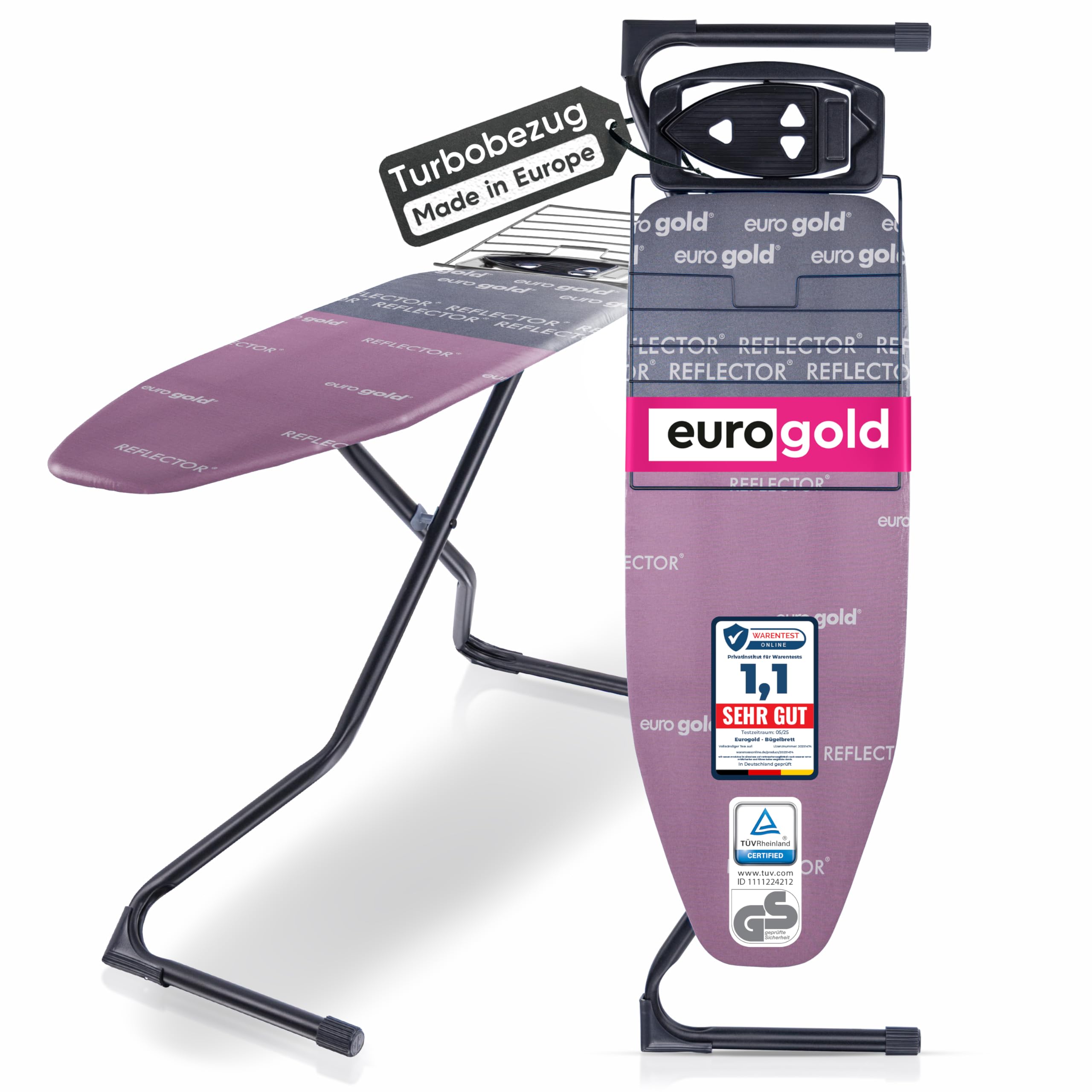 EUROGOLD Bügeltisch 120x42 cm – Großes Bügelbrett höhenverstellbar mit Reflektor-Bezug für effizientes Bügeln, TÜV-Zertifiziert, Made in Europe, Ironing Board (Paris Pink)