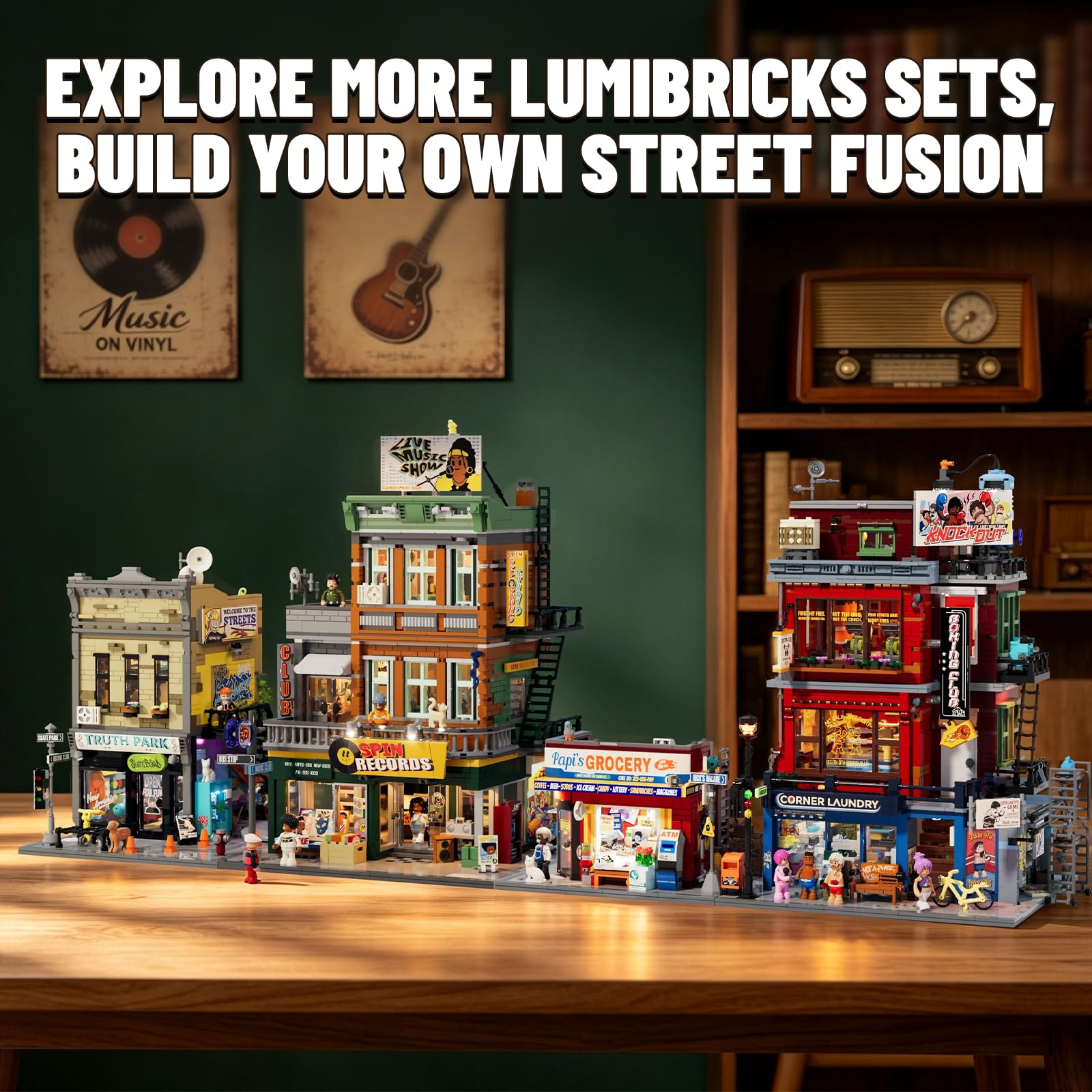 Lumibricks The Bodega zestaw do budowy z oświetleniem LED, 618 elementów, model kiosku nowojorskiego i sklepu spożywczego dla dorosłych, modułowy budynek na rogach ulic, model kolekcjonerski i prezent