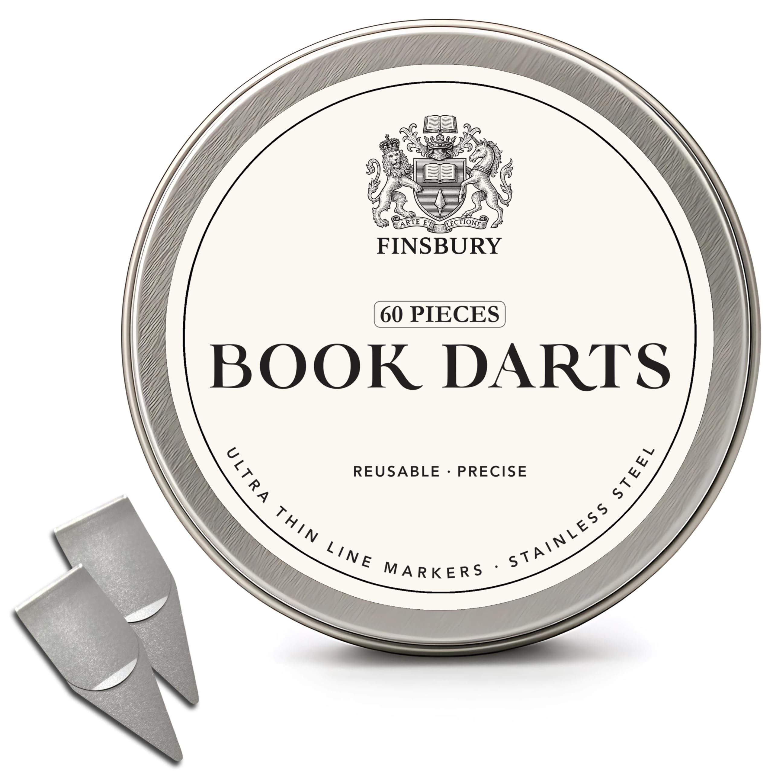 Finsbury Book Darts Stainless Steel Line Markers with Protective Tin - Precision Mini Book Mark Page Markers for Reading and Study - Reusable & Archival Quality (60 Pack)