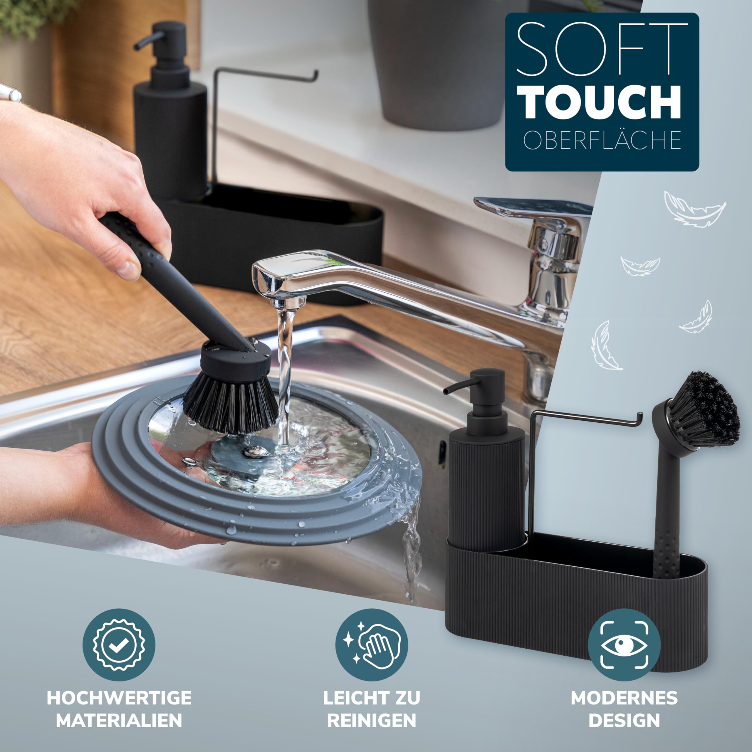 eluno Spülbecken Organizer mit Soft-Touch Oberfläche für Küche & Bad, Spülutensilienhalter inkl. Seifenspender, Spülbürste mit Bürstenkopf und Spültuchhalter, mit Ersatzbürstenkopf und Pumpe (Rund)