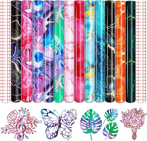 Tintnut Vinilo permanente  12 hojas de 12 x 10 pulgadas, hojas de vinilo adhesivo permanente de mármol con patrón dorado acuarela para máquina de