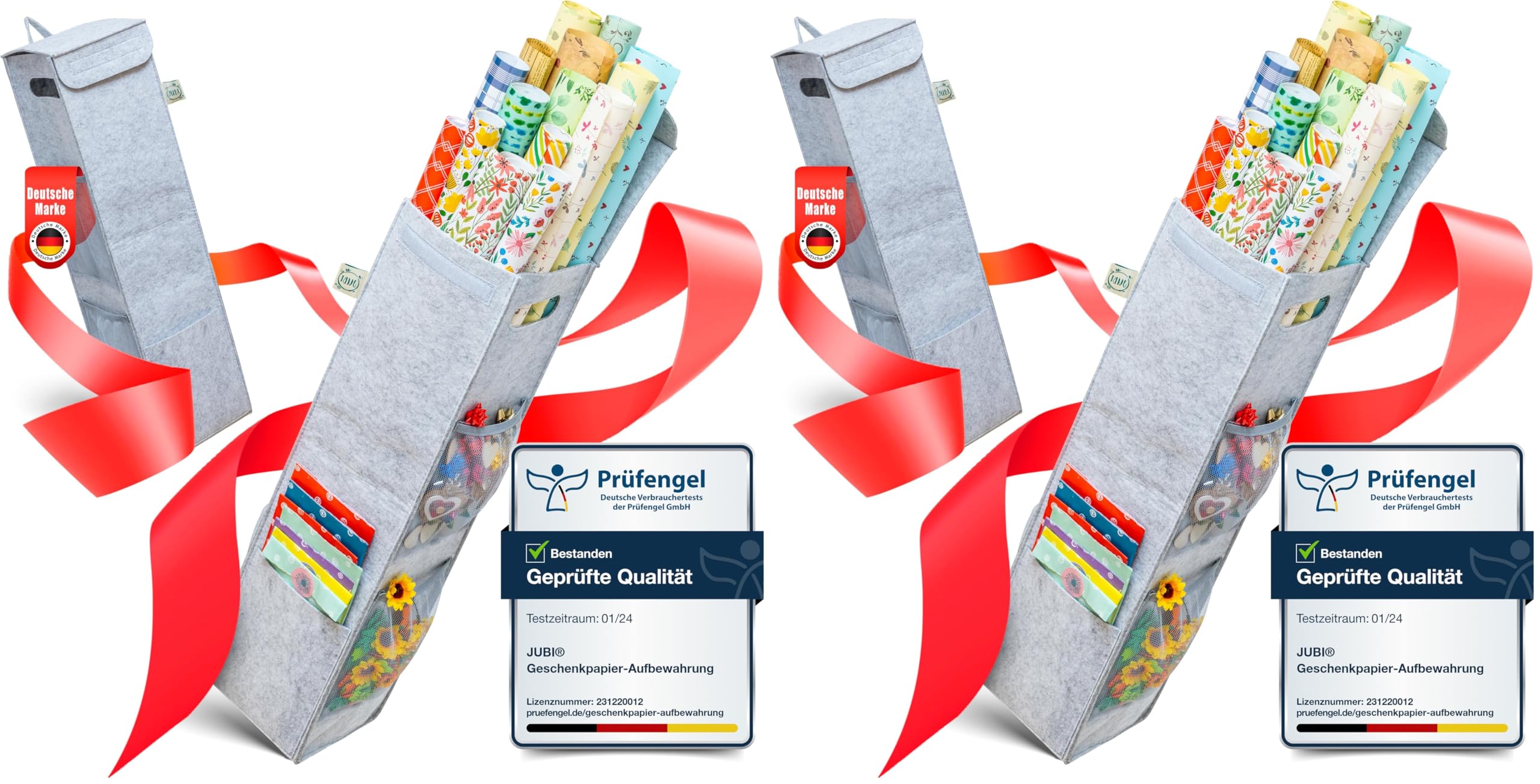 Jubi® Geschenkpapier Aufbewahrung aus 100% recycled Filz für 15 Papierrollen I ÖkoTexI – stabiler Geschenkpapier Organizer | moderne Aufbewahrungstasche (grau) (Packung mit 2)