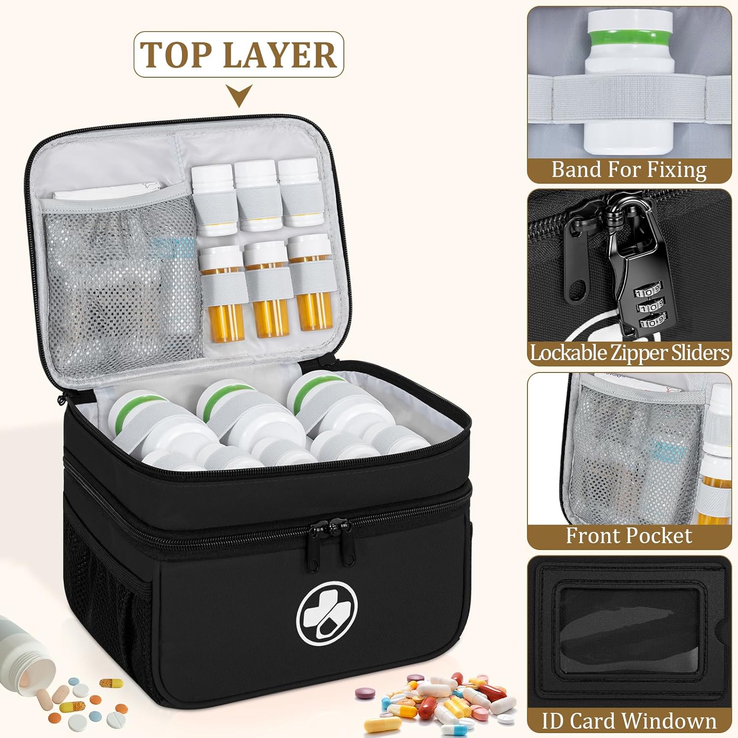 Dual Layers Medicine Organizer Bag, Pill Bottle Organizer Storage with Lockable Zipper, Lockable Medicine Travel Case for Pills, Vitamins, Medical Supplies, Black（Lock Not Included）
