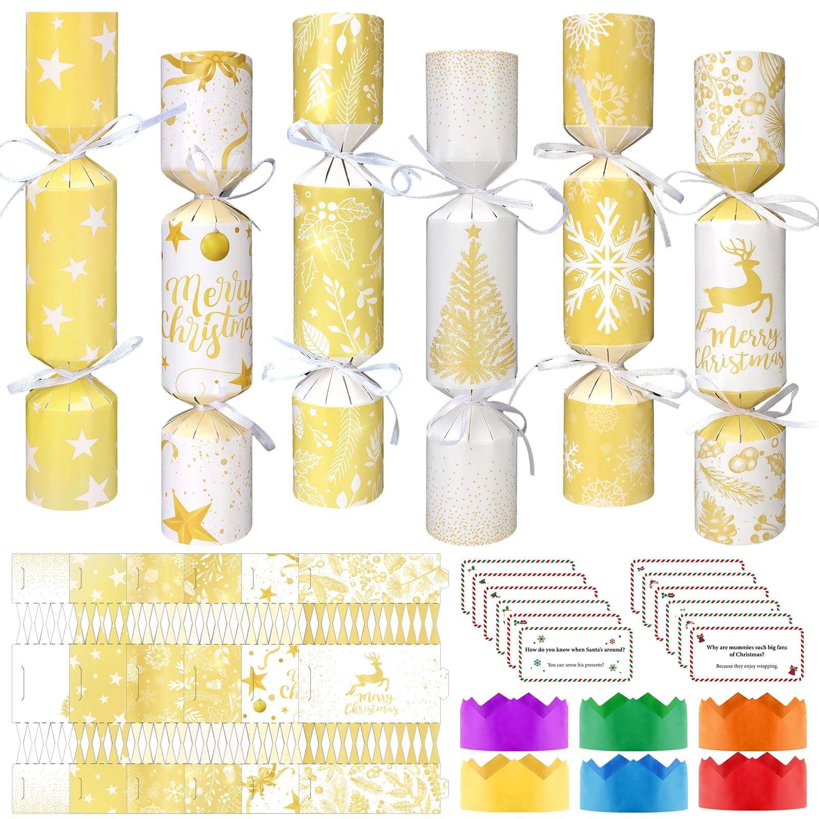 DPKOW Gold Christmas Crackers Gift Boxes with Hats Riddle Cards (Non-Snap), Make Your Own Christmas Crackers 12 Pack, DIY Treats Candy Boxes Xmas Cracker Making Kits, Xmas Party Favors Supplies