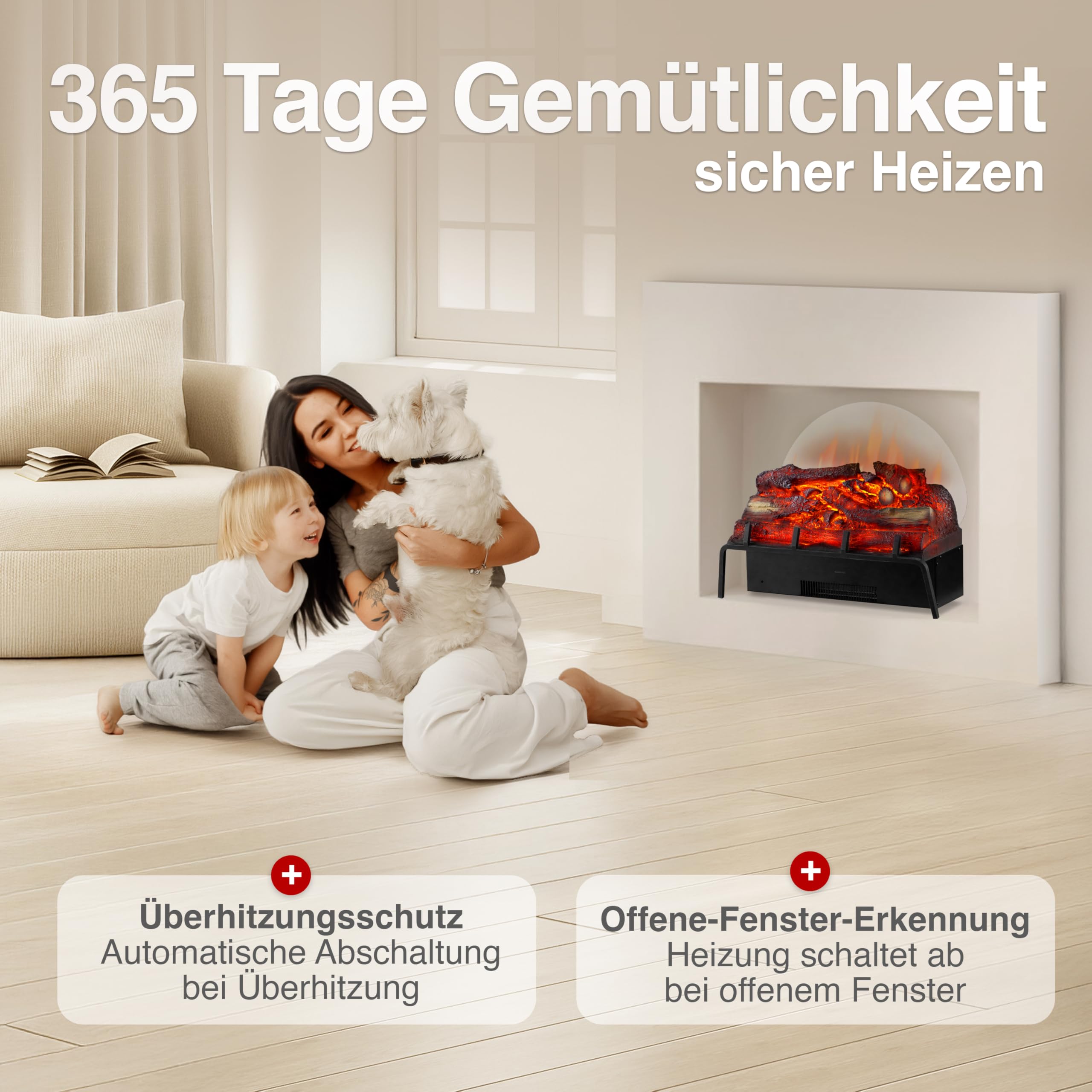 KAMINIO Elektrokamin Noah - Elektrischer Kamineinsatz mit Heizung, 3D-Flammeneffekt, Fernbedienung
