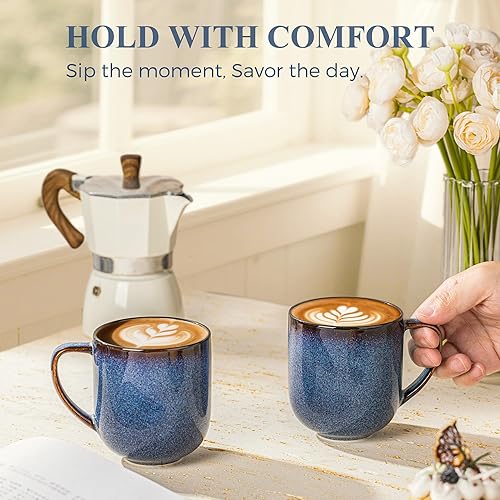 Miniatura 4 de LERATIO Juego de 6 tazas de café de cerámica de 12 onzas, tazas de café grandes de porcelana con mango grande para café con leche, capuchino, leche,