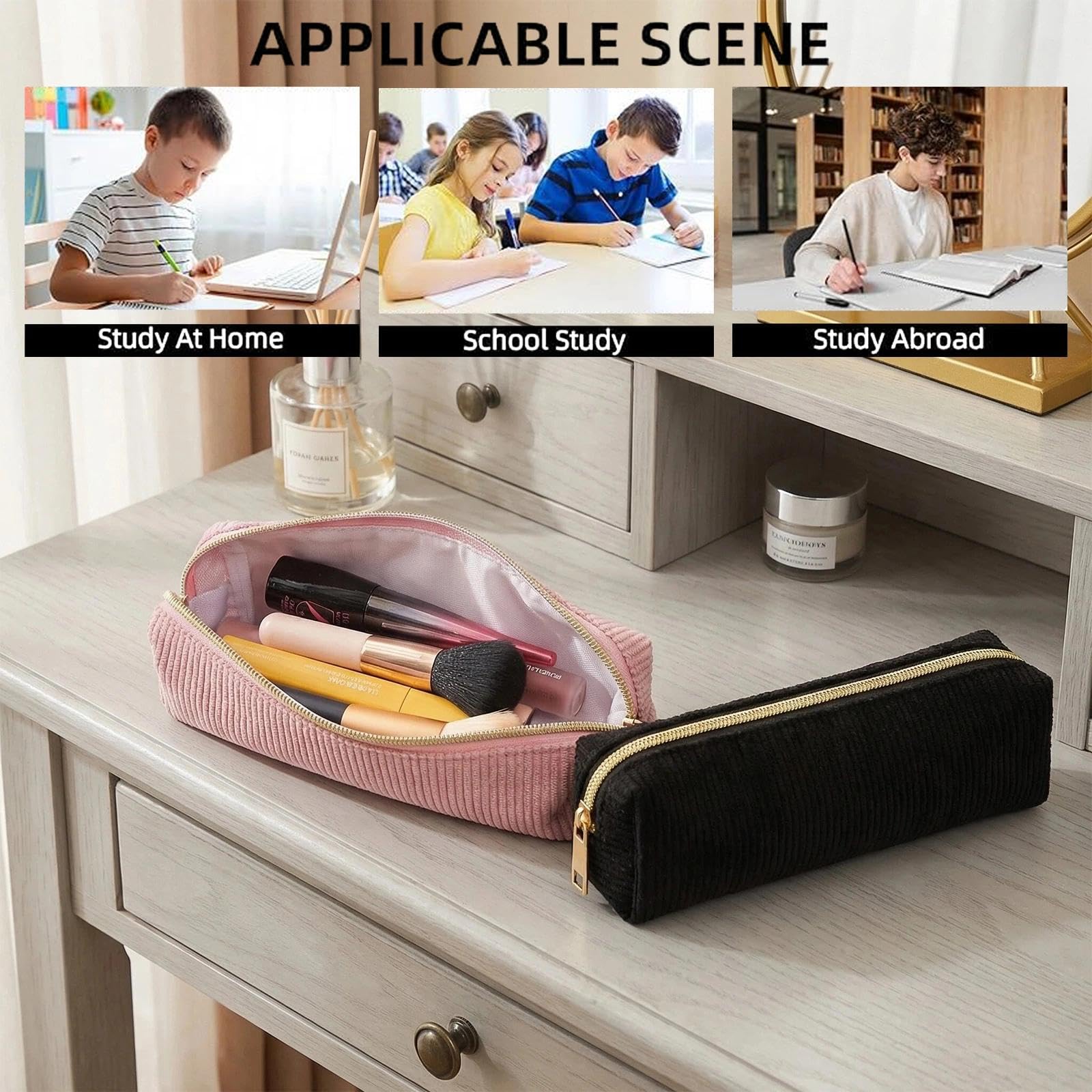 2 Pezzi Astuccio in Velluto a Coste, Elegante Astuccio per Ragazzi e Ragazze, Con Pratica Chiusura Lampo per Scuola, Università e Ufficio (Rosa/Nero)