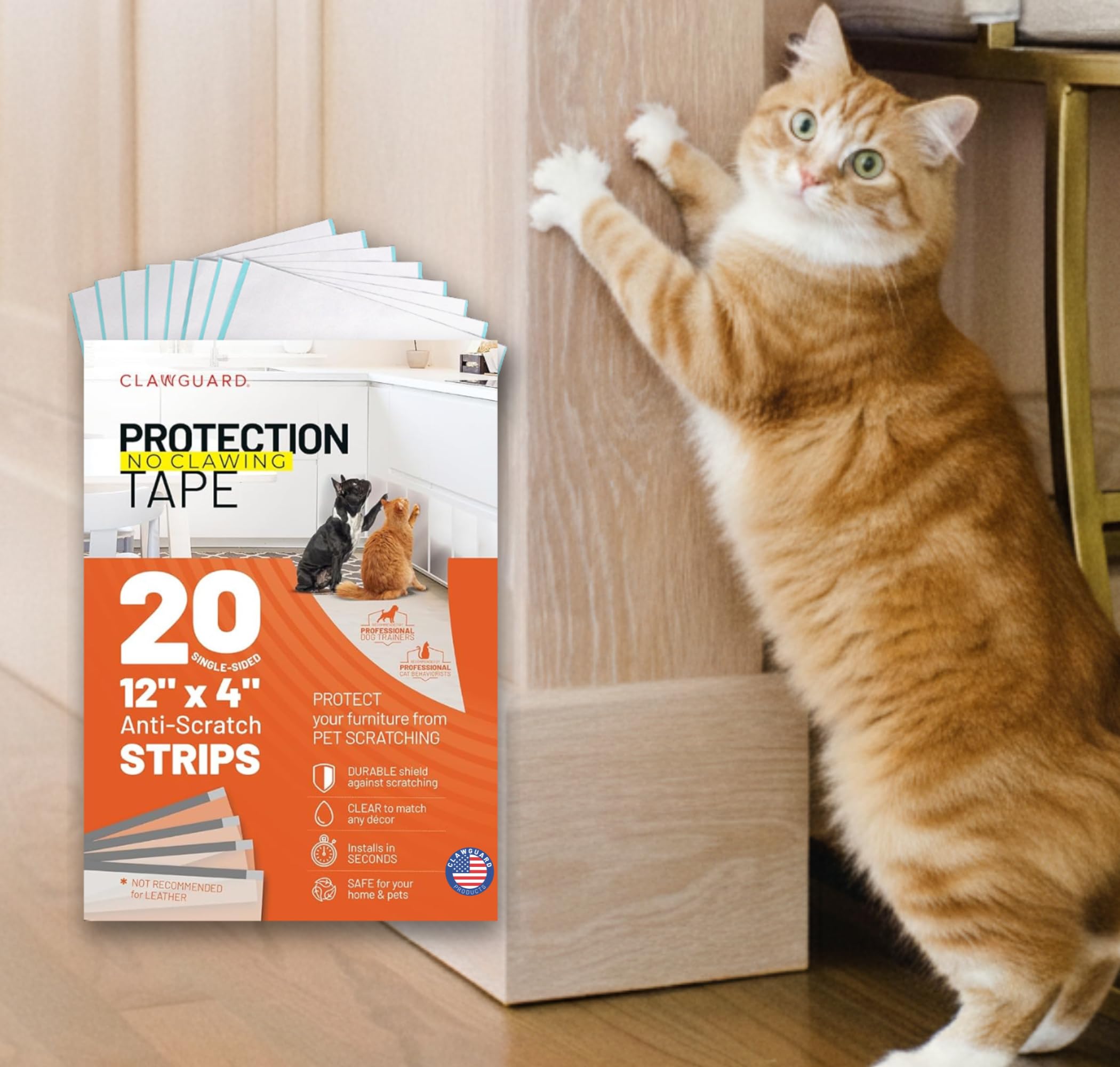 CLAWGUARD Protection Tape Strips – 20 Pre-Cut 12x4 in Scratch Barriers – Door Scratch Protector Dog & Cat – Couch Protector from Cat Claws