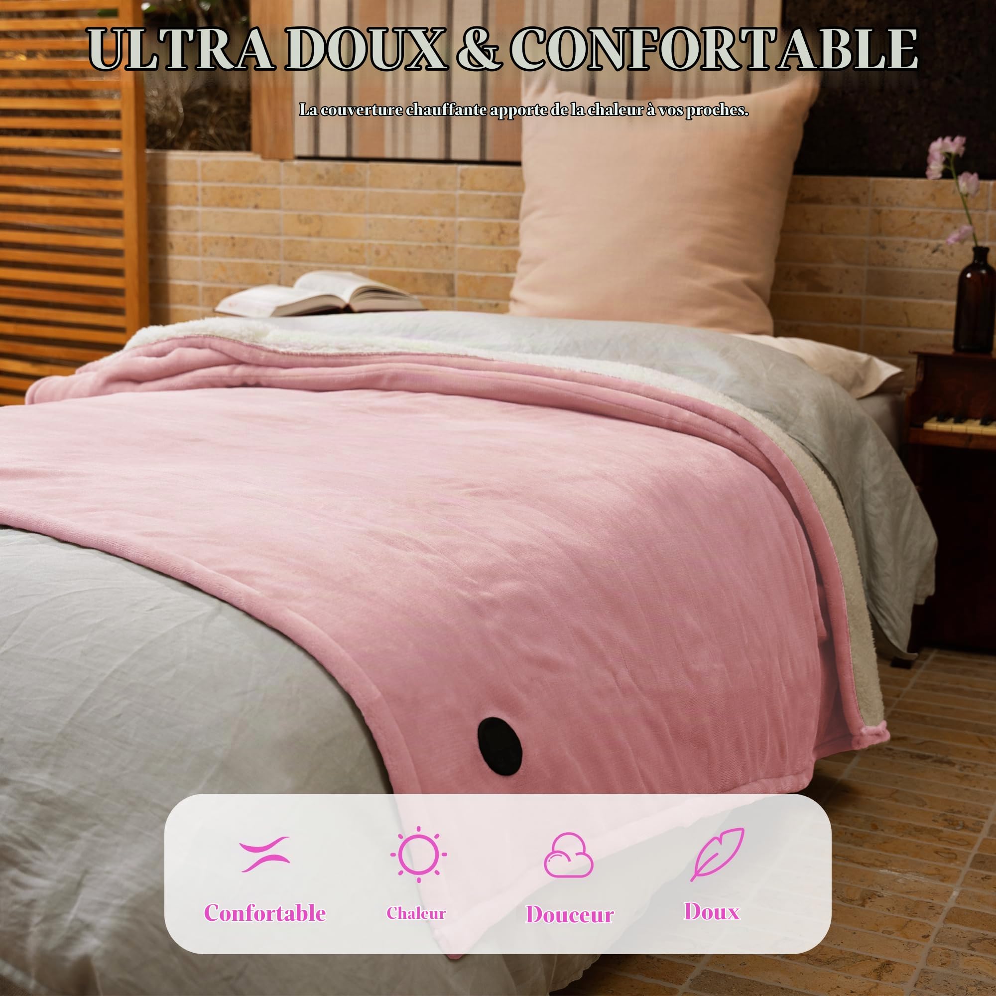 GOTCOZY Couverture Chauffante 130x180cm Une Touche Plaid Chauffant Rose | 10 Réglages de chaleur,9H Arrêt Automatique,Couverture Électrique,Protection Contre la Surchauffe Lavable en Machine