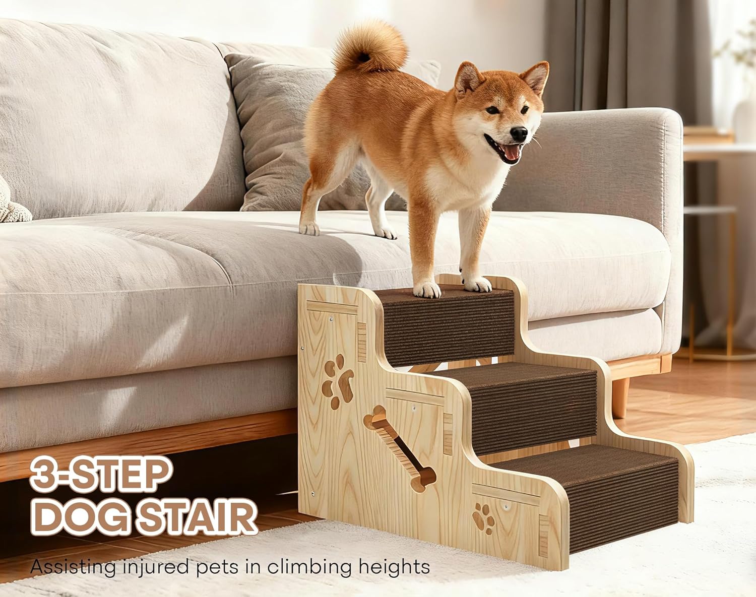 Dog Stairs for Small Dogs, 3-Step Wooden Dog Ramp for Bed, Couch & Car, Non-Slip Pet Stairs for Small Old Short-Legged Puppy & Cat, Indoor Pet Steps with X-Brace Support