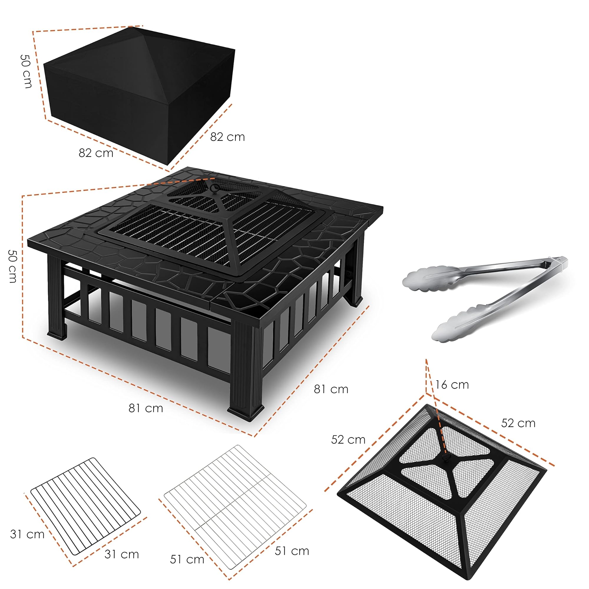 KESSER® Pozo de Fuego con Rejilla de Parrilla de Ø 62, Pozo de Fuego Multifuncional para calefacción/Parrilla de Barbacoa, Gancho y carbón, Cuenco de Fuego para terraza de jardín, Negro (Cuadrado)