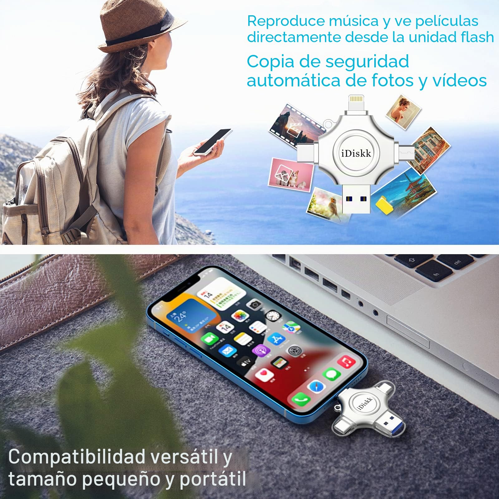 iDiskk 128G Flash Drive para iPhone,MFi Certificado de Almacenamiento de Memoria USB para iPhone.Photo Stick Funciona con la última Serie iPhone 15,iOS USB-C Teléfono Android y PC