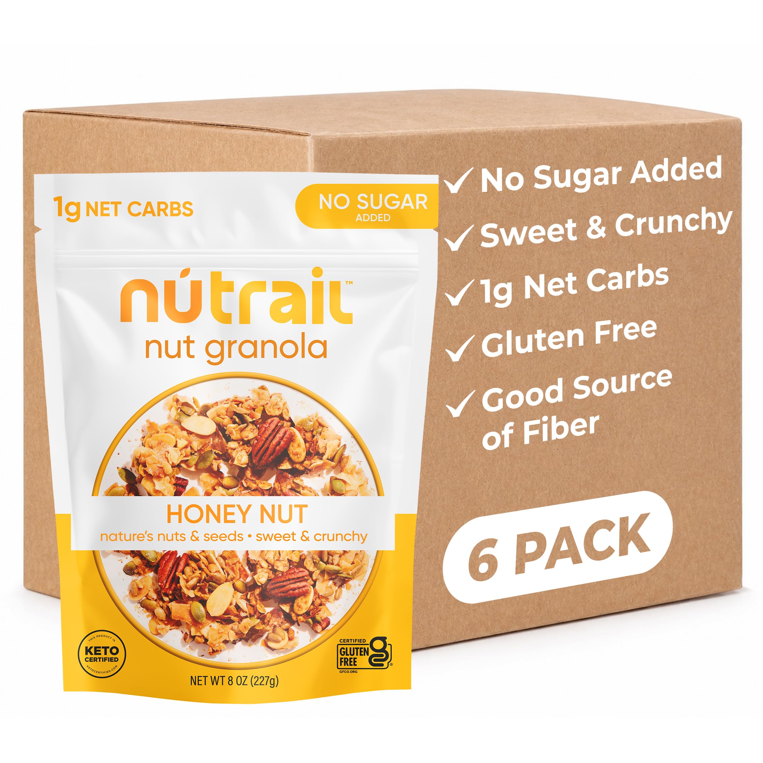 NuTrail Nut Granola, Honey Nut, No Sugar Added, Gluten Free, Grain Free, Keto, Low Carb, Healthy Breakfast Cereal 8 oz. 6 Count