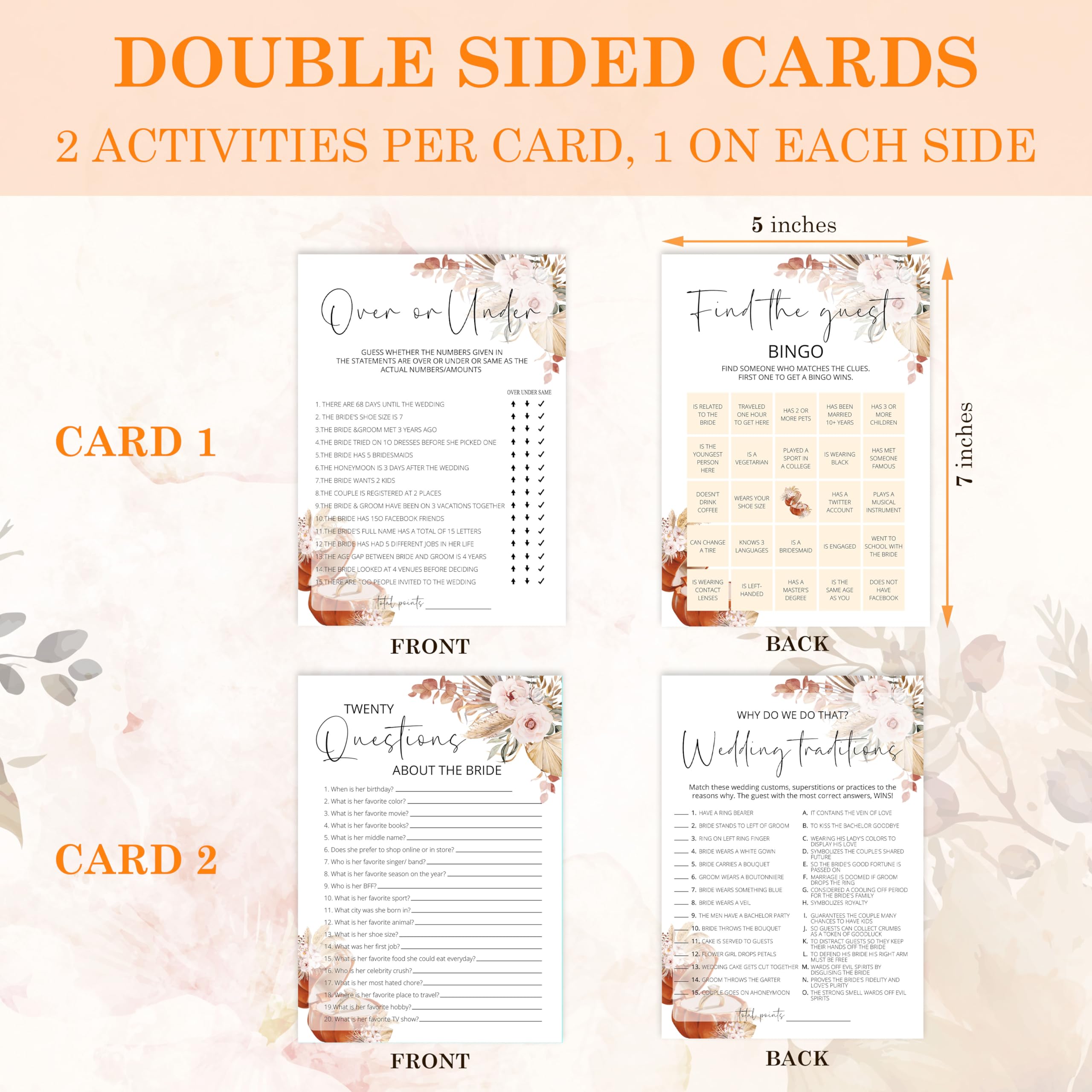 Zestaw gier dla nowożeńców - 4 kwiatowe gry ślubne w stylu boho dla 25 gości - zawiera ponad lub poniżej, tradycje ślubne, bingo - Love is in Bloom upominki na wieczór panieński - jesienna dekoracja